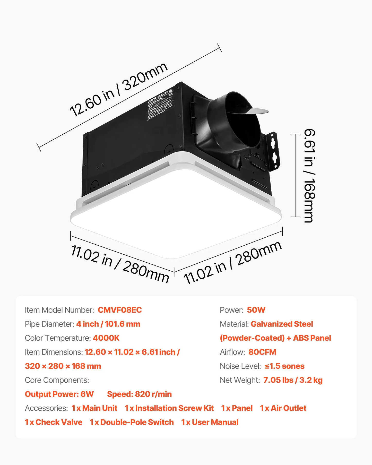 VEVOR Bathroom Exhaust Fan with LED Light, 80 CFM 4000K Bathroom Vent, 1.5 Sones Low-Noise,-$50