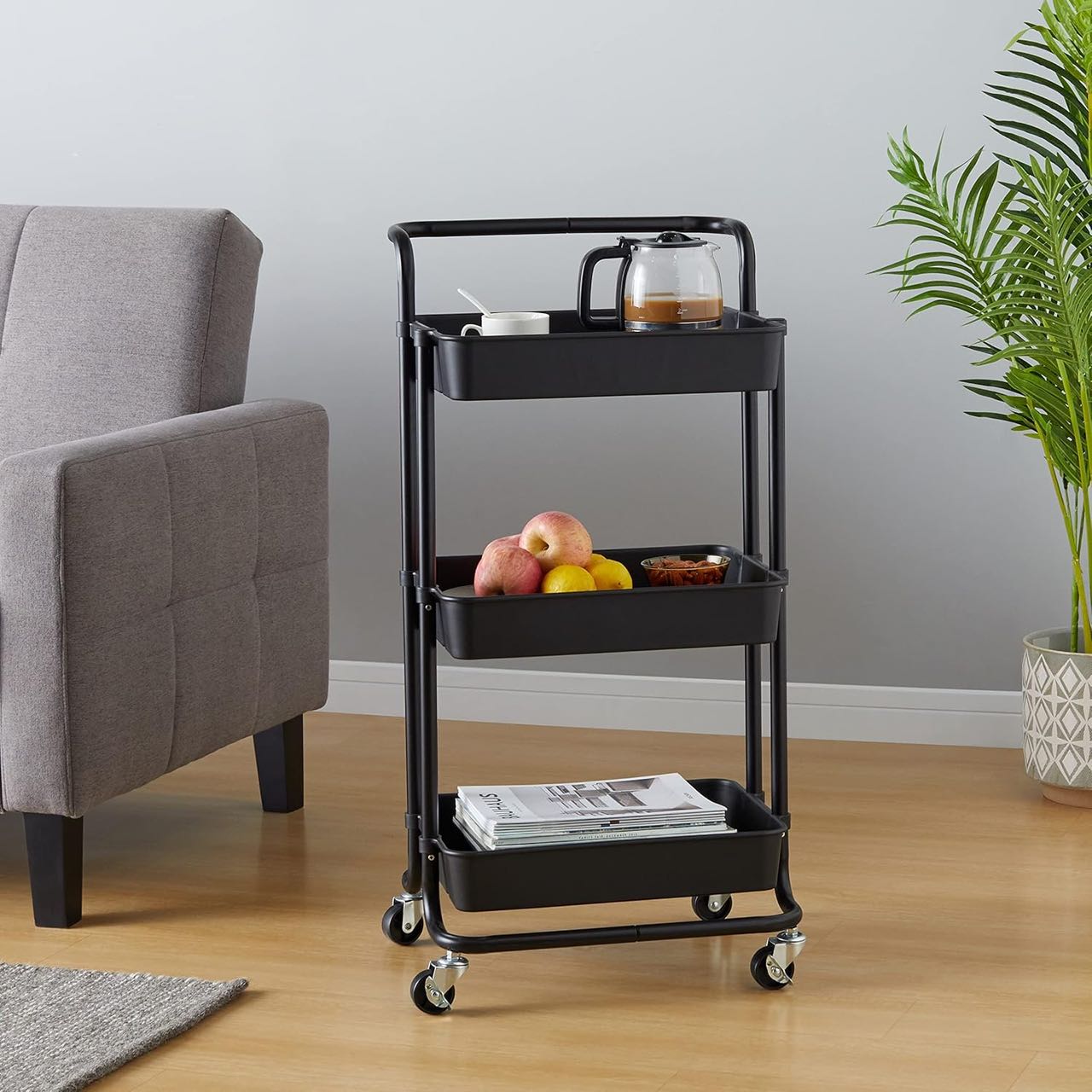 Brand New Amazon Basics 3-Tier Rolling Utility Cart | Classic Black with Handle