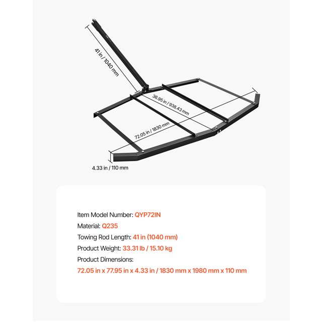 VEVOR Drag Harrow 72" Width Tow Behind Drag Harrow Steel Gravel Grader ATV UTV,-$50