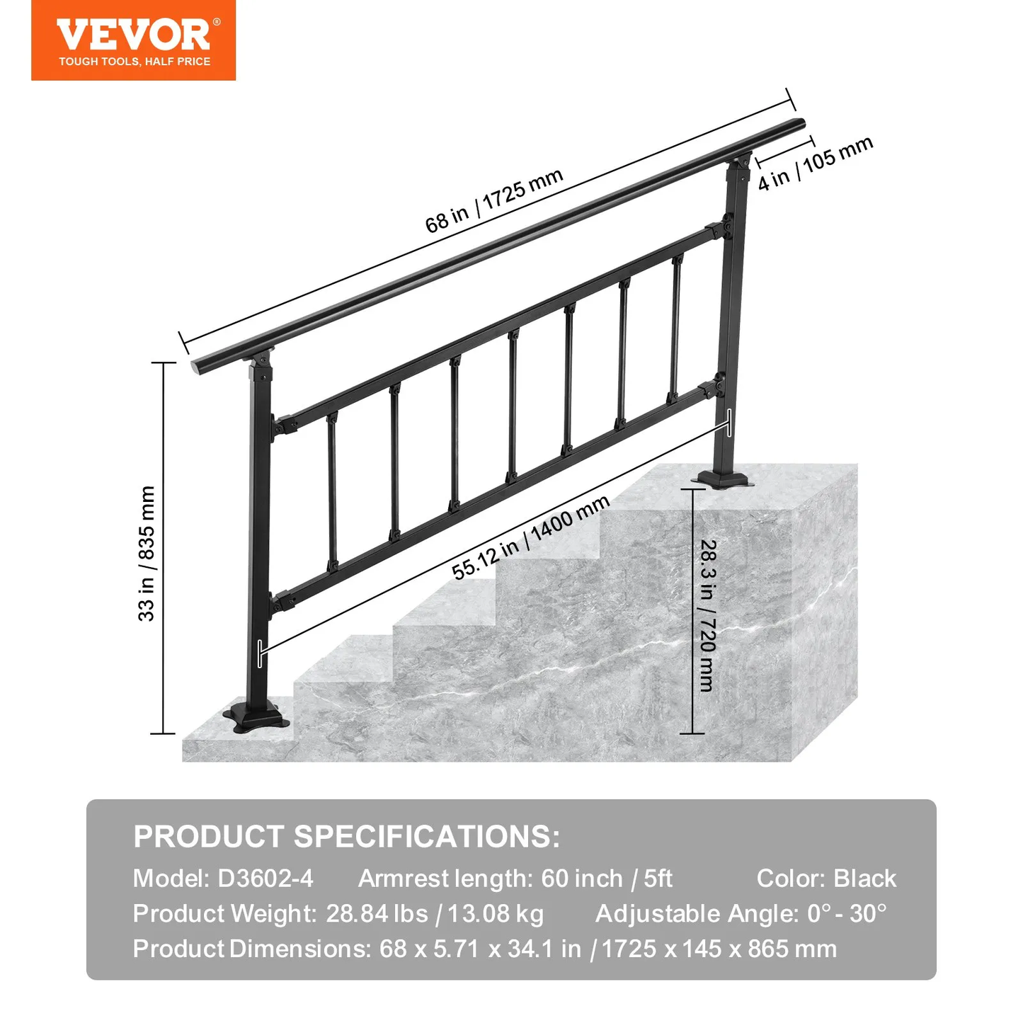 VEVOR Outdoor Stair Railing, Fits for 1-4 Steps Transitional Wrought Iron Handrail, Adjustable,-$80