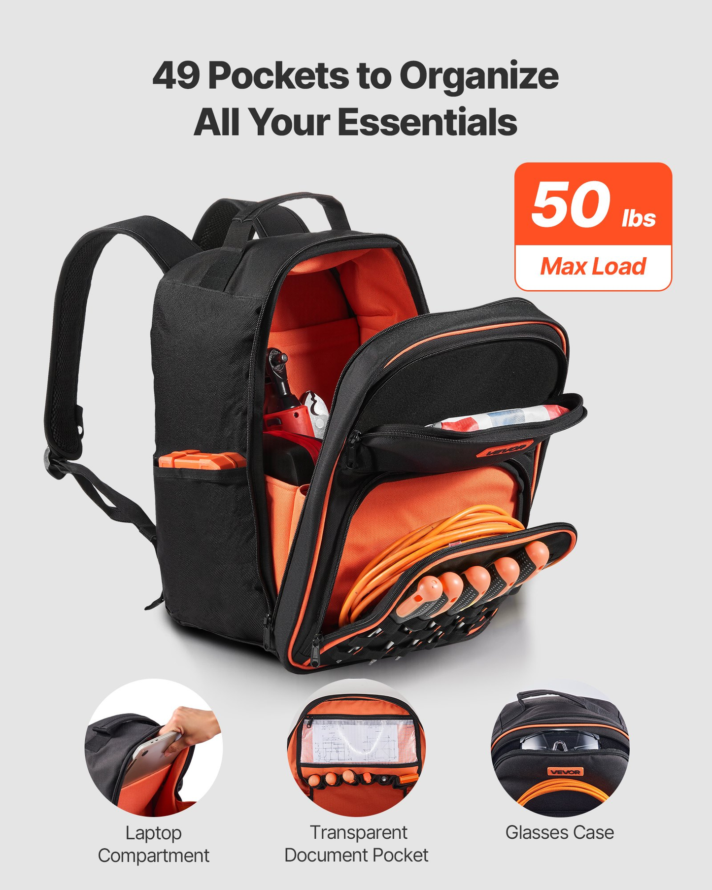 VEVOR Tool Backpack, 49 Pockets, Heavy-duty Tools Storage Organizer Work Bags ,-$30