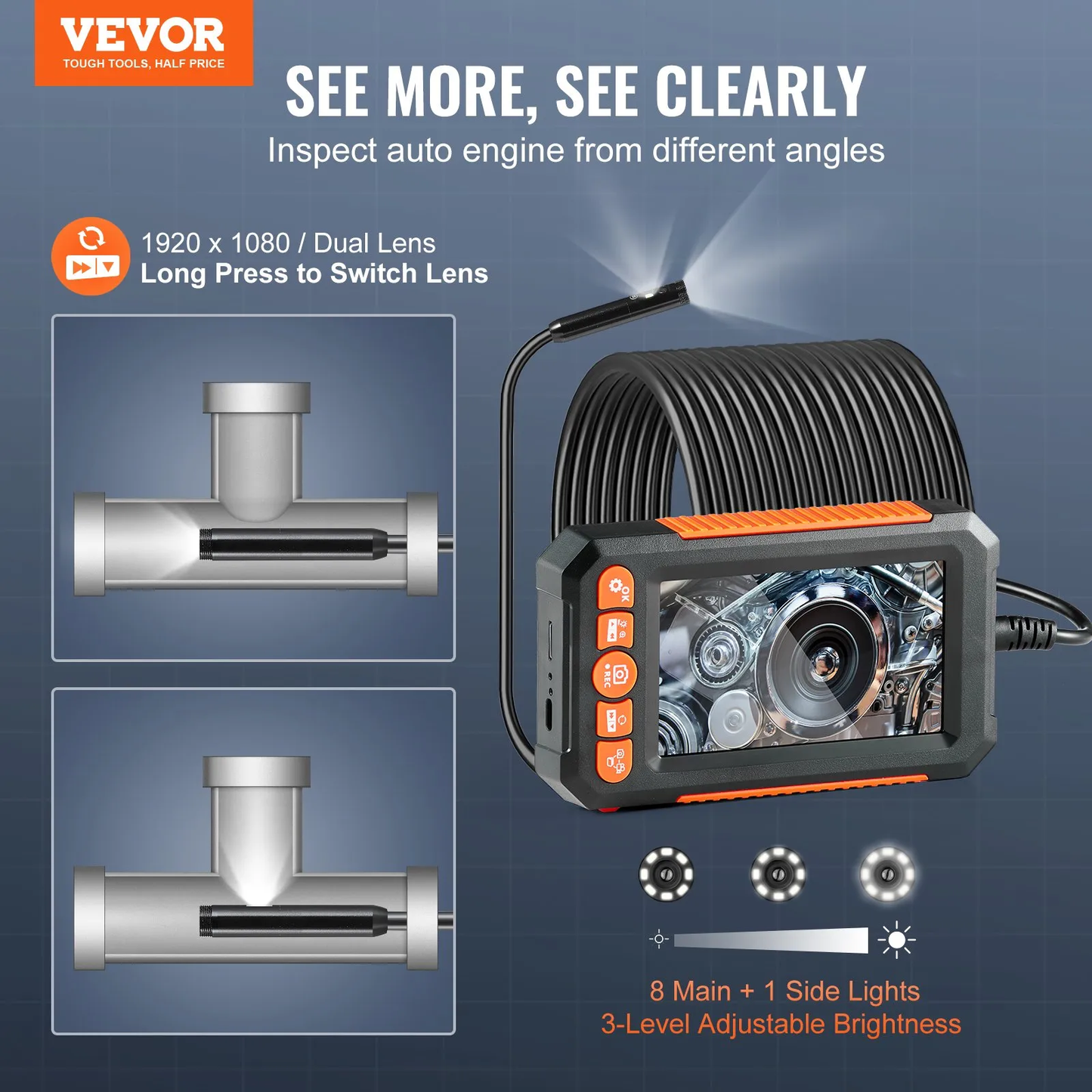 VEVOR Endoscope Camera with Light, Dual Lens Borescope with 49.2FT Semi-Rigid Cable, 4.3" Screen 1080P,-$50