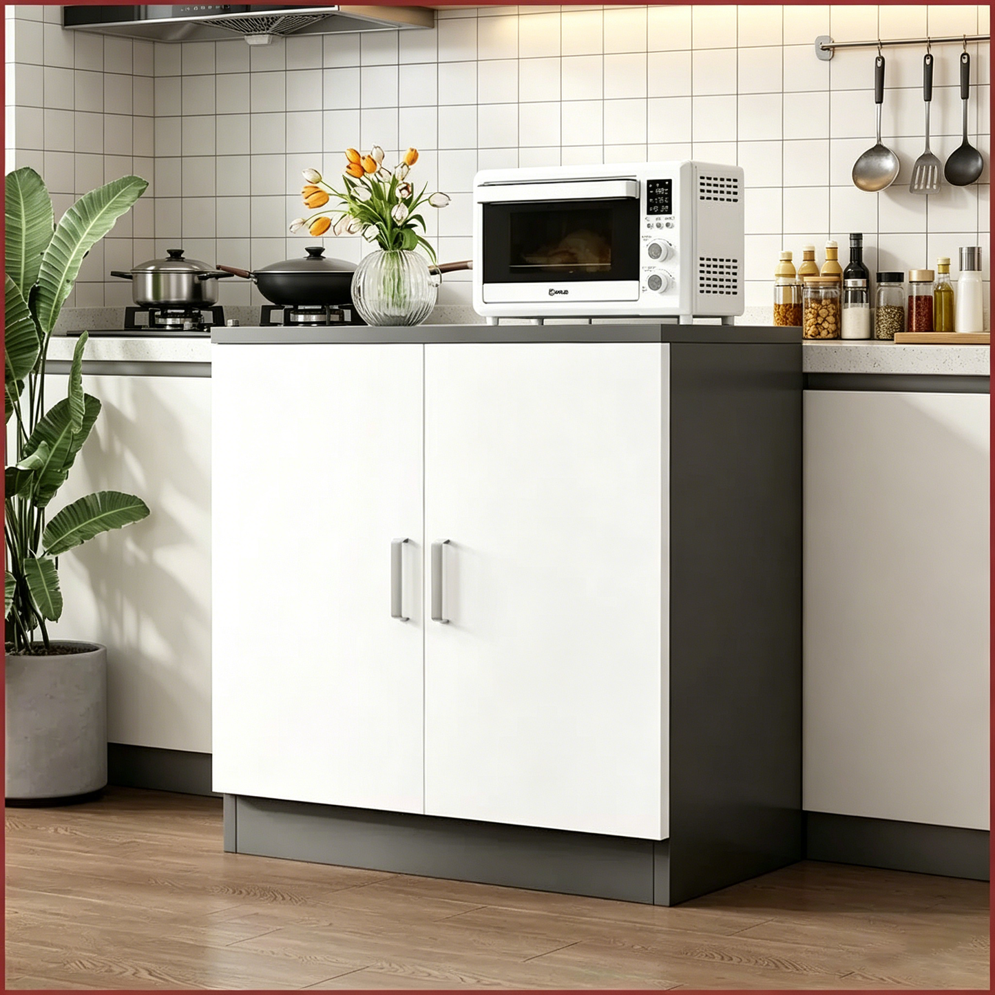 Brand New Assembled 2-door Sideboard Cabinet w/1 Adjustable Shelf, Storage Cupboard (Gray & White),-$80