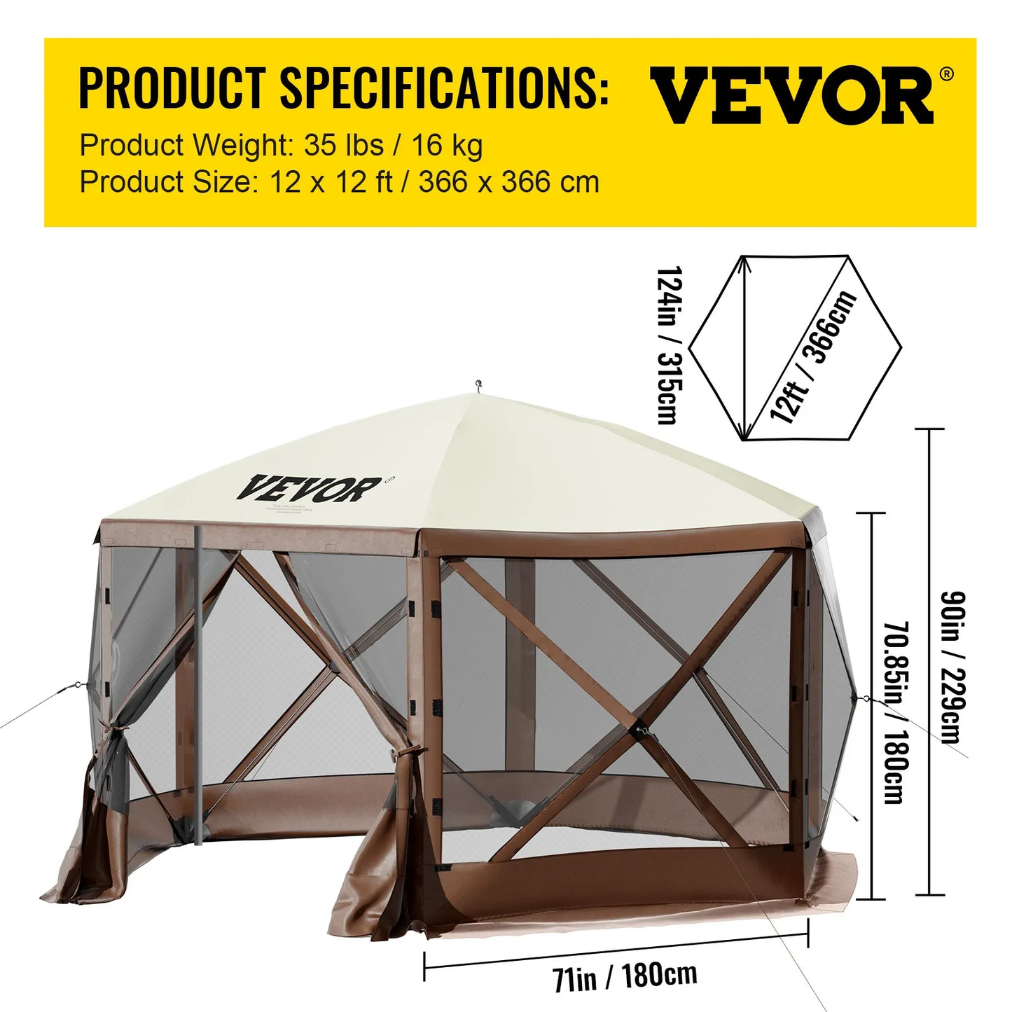 VEVOR Gazebo Screen Tent, 12 x 12 ft, 6 Sided Pop-up Camping Canopy Shelter Tent with Mesh Windows,-$180