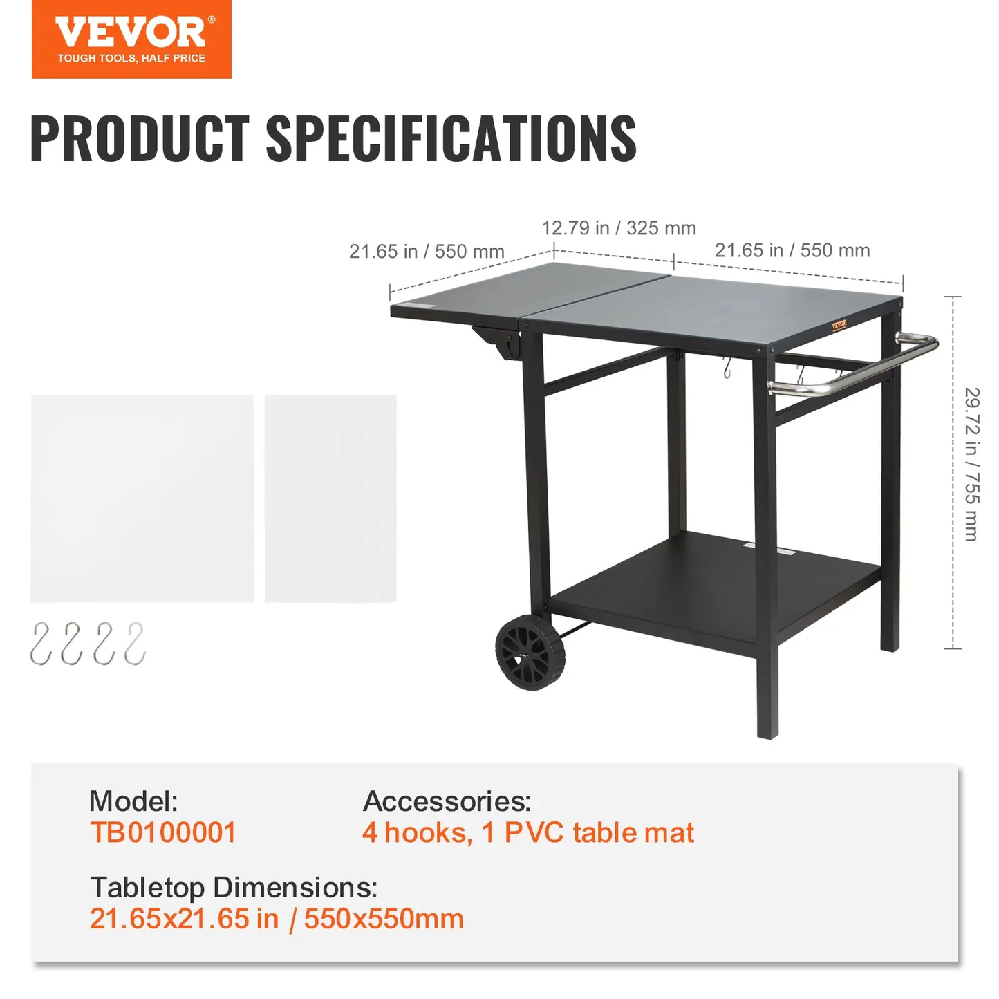 VEVOR Outdoor Grill Dining Cart with Double-Shelf, BBQ Movable Food Prep Table,-$75