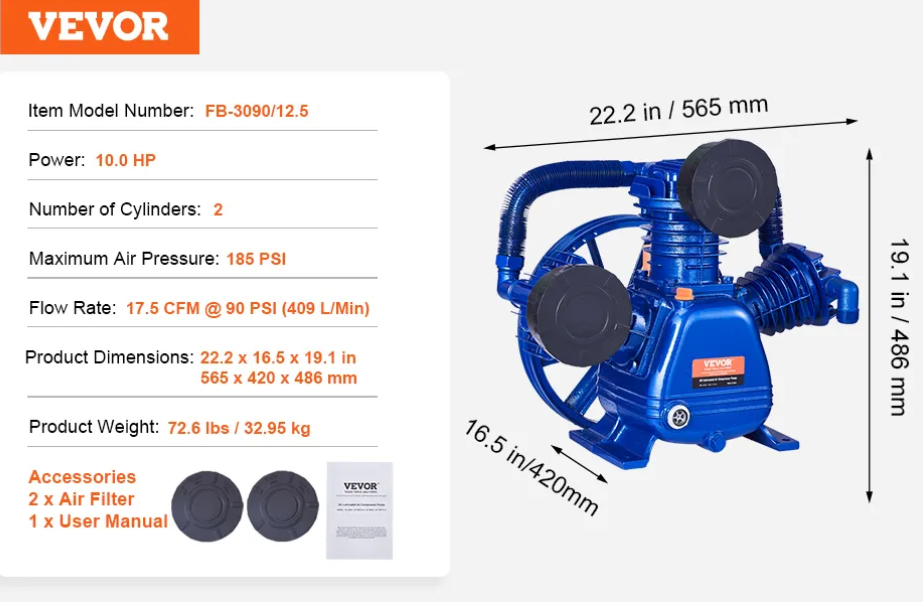 VEVOR Air Compressor Pump Head, 10HP 17.5CFM @ 90PSI, 3-Cylinder Oil Lubricated Air,-$185