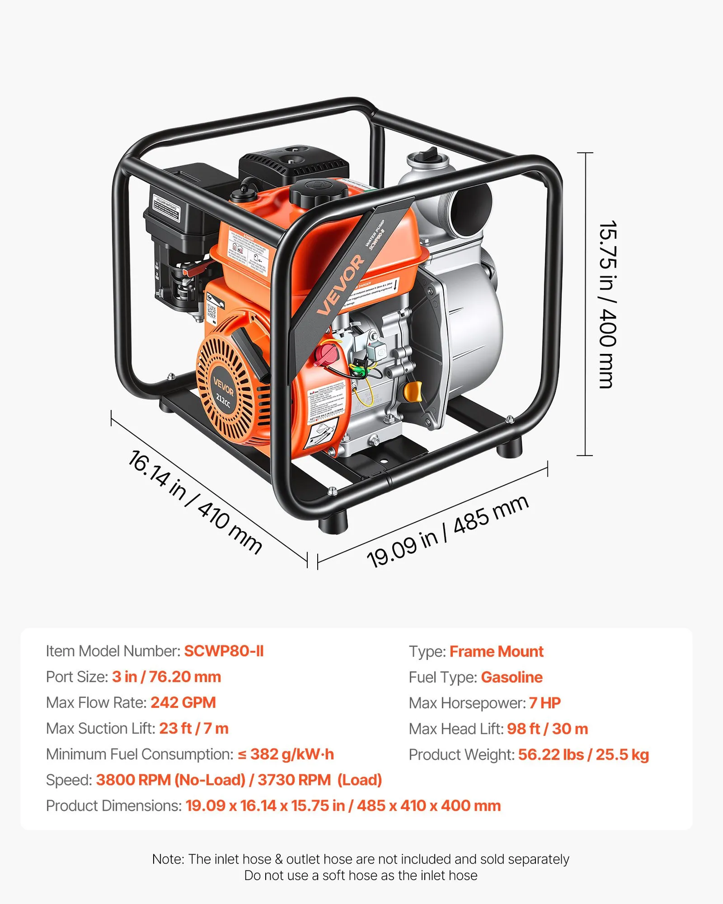 VEVOR Gas Powered Water Pump, 3 in, 242 GPM 7HP Semi Trash Water Transfer Pump Portable,-$250