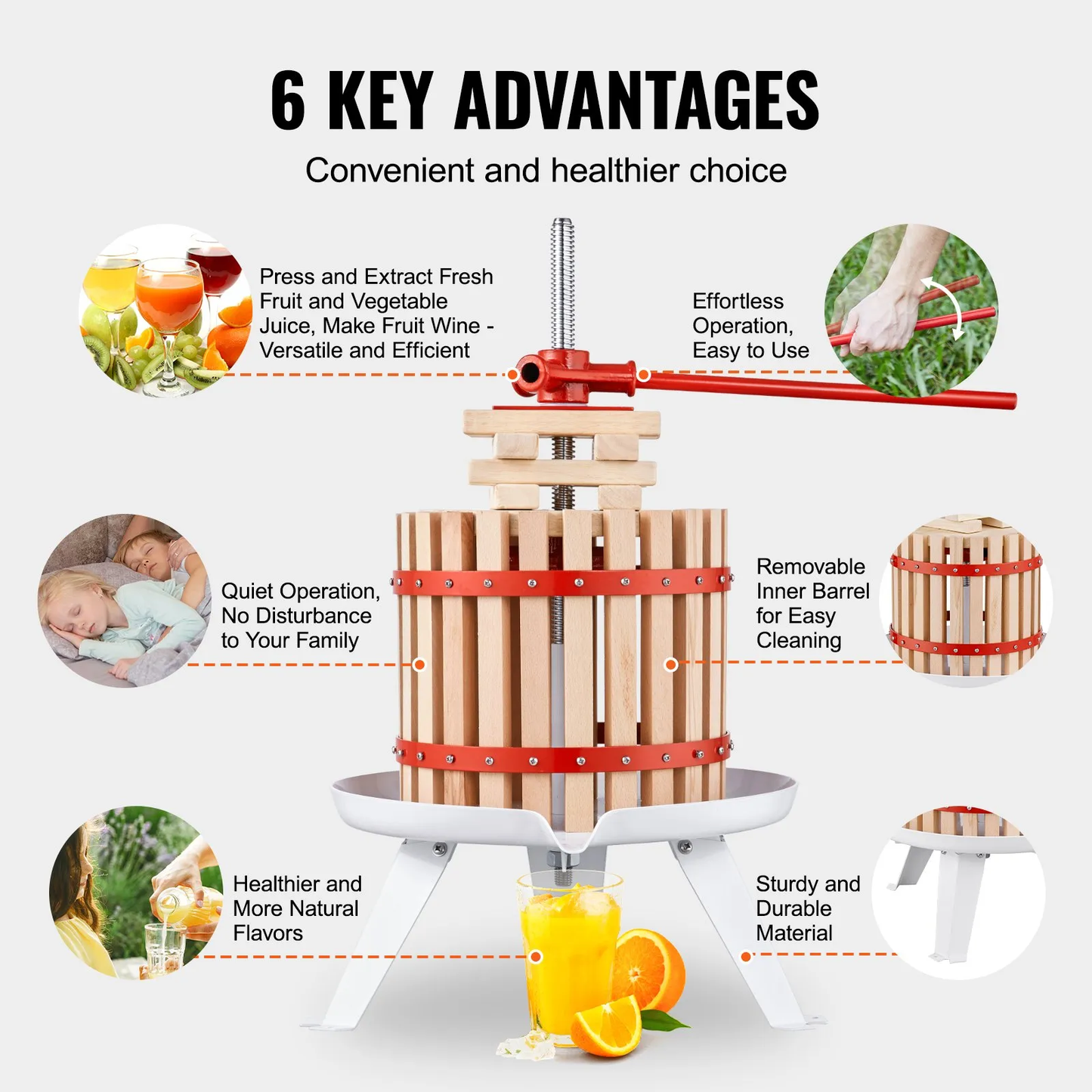 VEVOR Fruit Wine Press, 1.6 Gal/6.4L, Solid Wood Basket with 6 Blocks, Manual Juice Maker,-$45