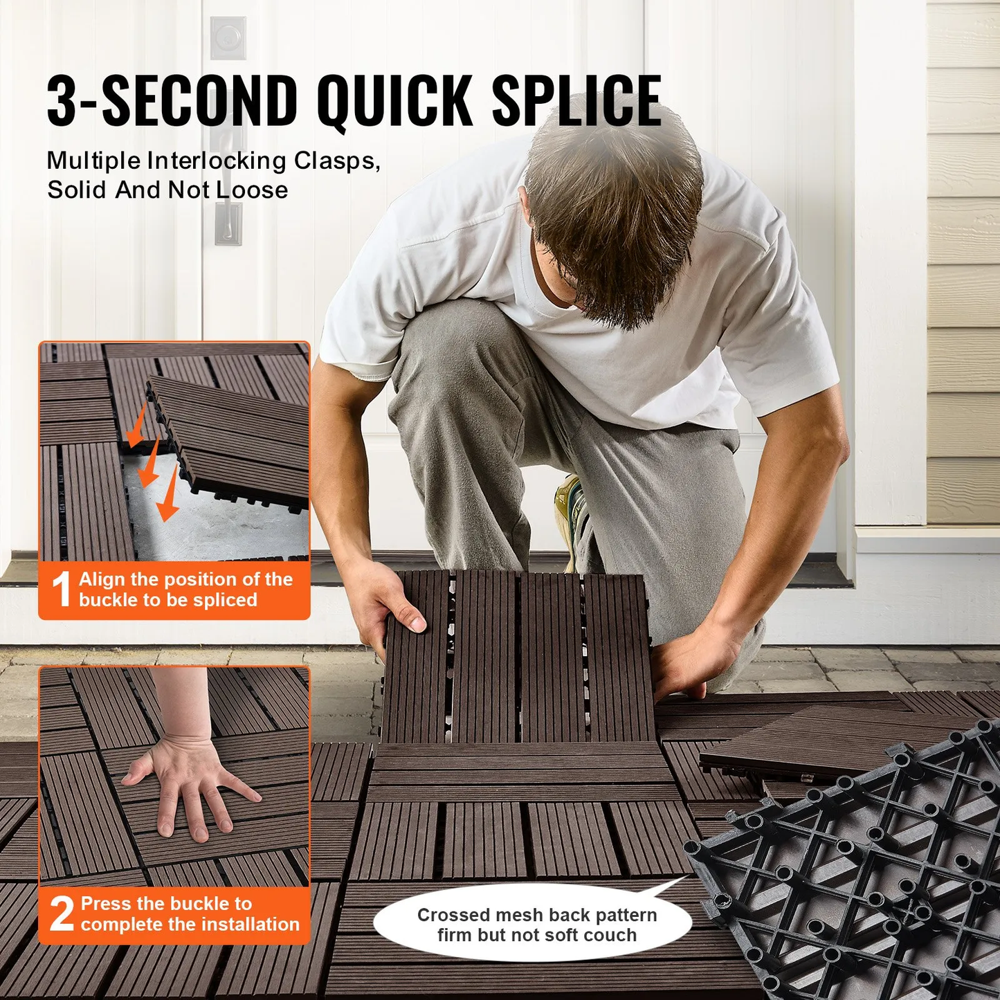 VEVOR Interlocking Deck Tiles Plastic Wood, 27 Pack,12"x12" 27 sq. ft All Weather Outdoor Flooring