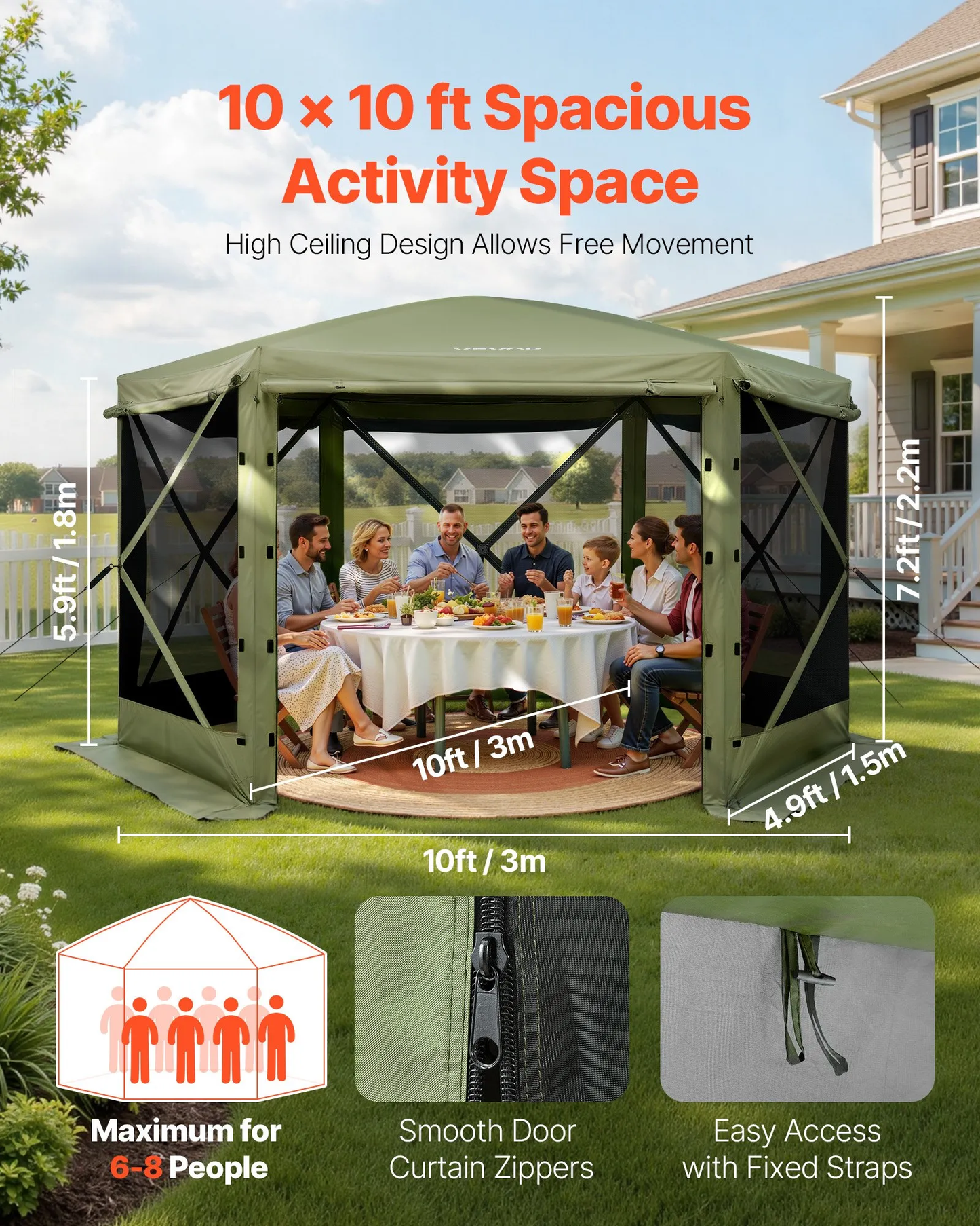 OPen Box VEVOR Pop up Gazebo Screen Tent, 10 x 10 ft Large 6-Sided Camping Canopy Tent with Removable Top,-$150