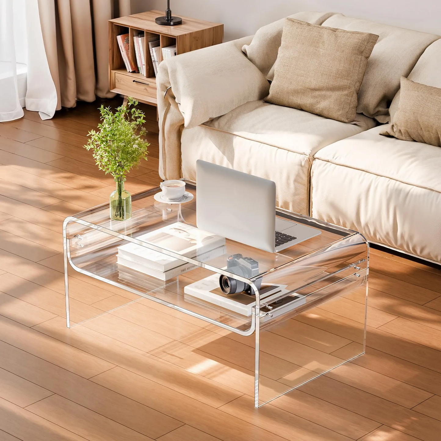 VEVOR Acrylic Coffee Table, 2 Tiers Center Table with Storage Shelf,19.7 x 31.5 x 15 in (Clear),-$120