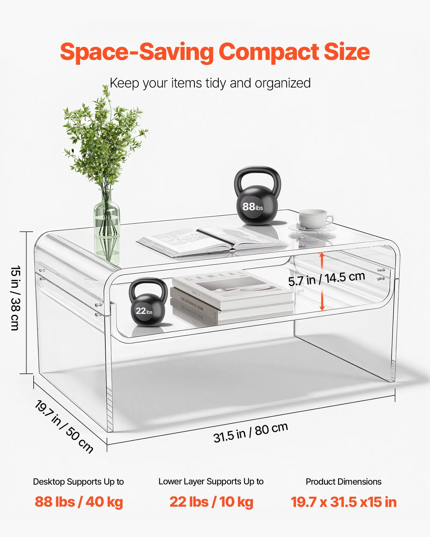 VEVOR Acrylic Coffee Table, 2 Tiers Center Table with Storage Shelf,19.7 x 31.5 x 15 in (Clear),-$120