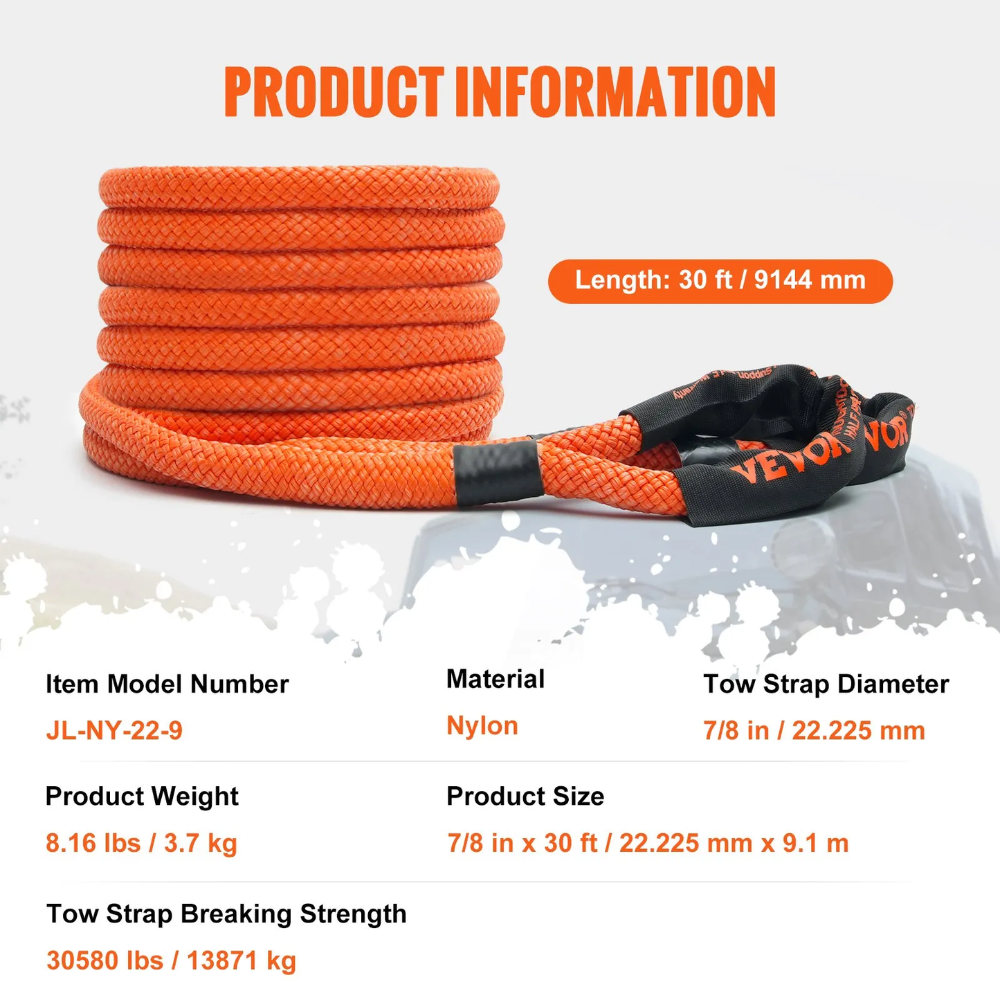 VEVOR 7/8" x 30' Kinetic Recovery Tow Rope 30580lbs, Heavy-Duty Off Strap w/2 Soft Shackles (41750lbs),-$70