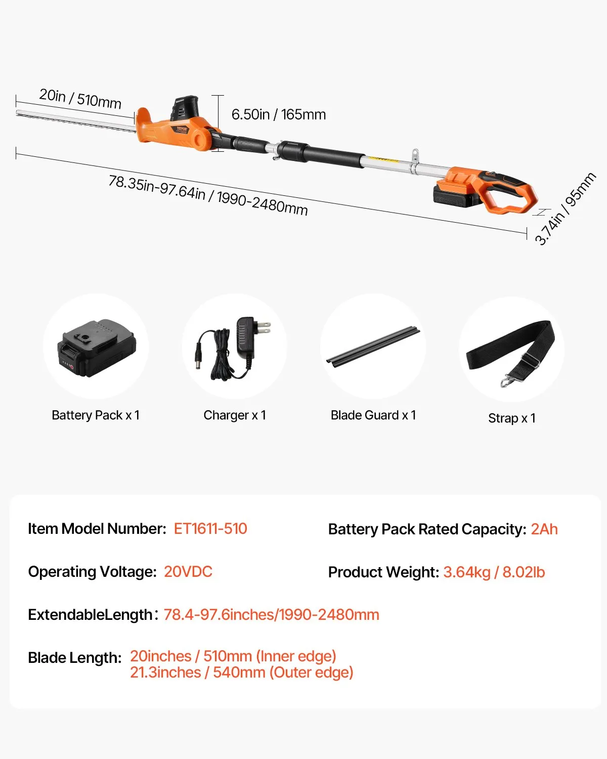 Open Box VEVOR Electric Hedge Trimmer, 1200 RPM, 6.2 - 7.8 Ft Extendable, Pole Hedge Trimmer,-$55