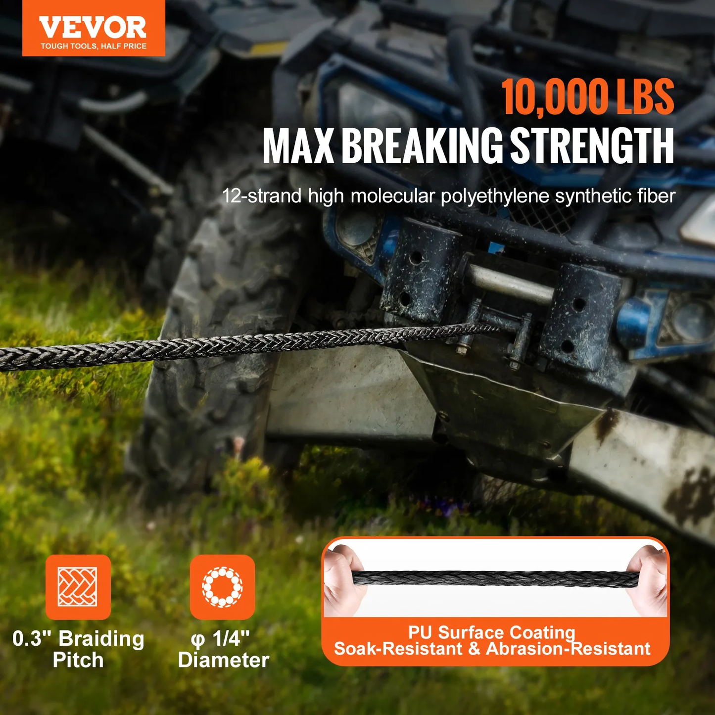 VEVOR Synthetic Winch Rope, 1/4 Inch x 50 Feet 10,000 lbs Synthetic Winch Line Cable Rope with Protective,-$25