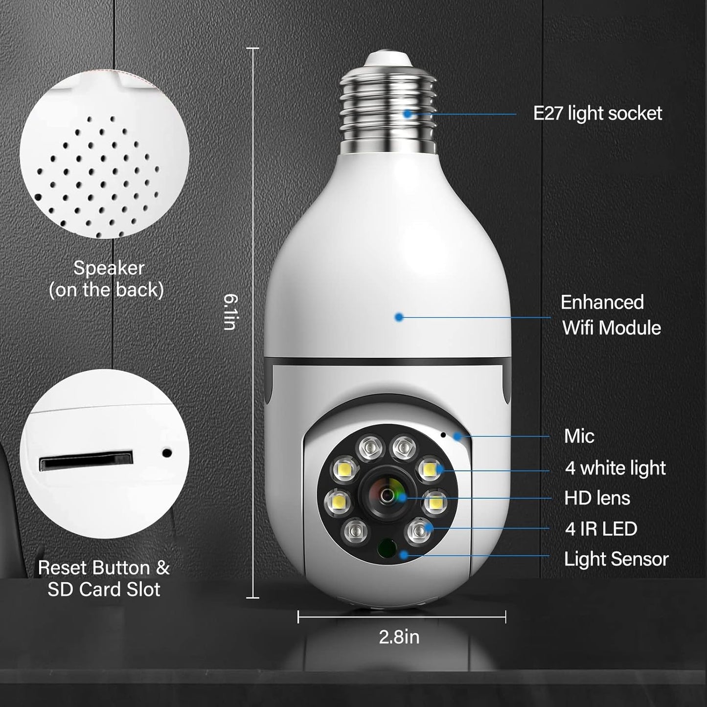 BNIB-Light Bulb Security Camera, 1080P Wireless Indoor Cam with 355°Pan/Tilt, 2.4GHz WiFi (Not 5G)