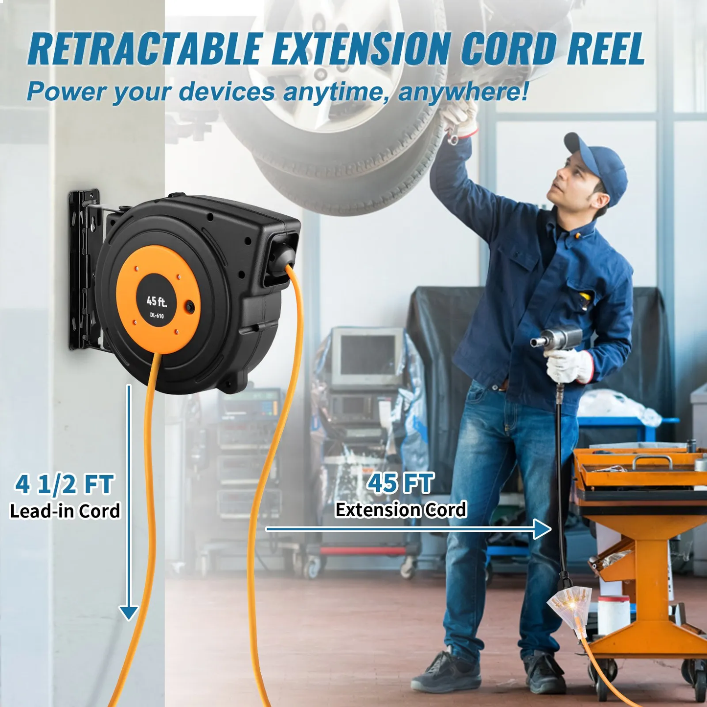 VEVOR Retractable Extension Reel, Heavy Duty 12AWG/3C SJTOW Power Cord 45 FT 12AWG,-$85