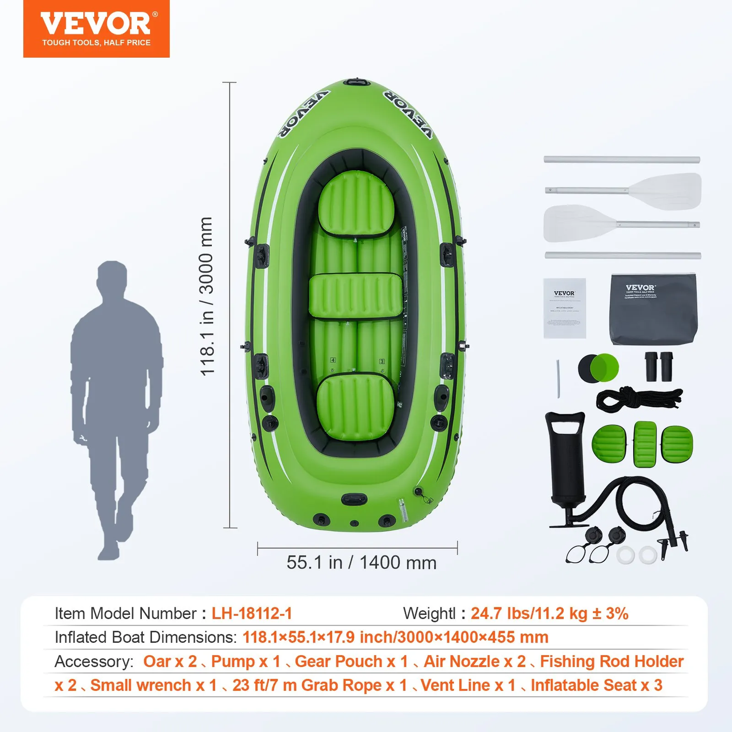 VEVOR Inflatable Boat, 3-Person Inflatable Fishing Boat, Strong PVC Portable Boat Raft Kayak,-$100