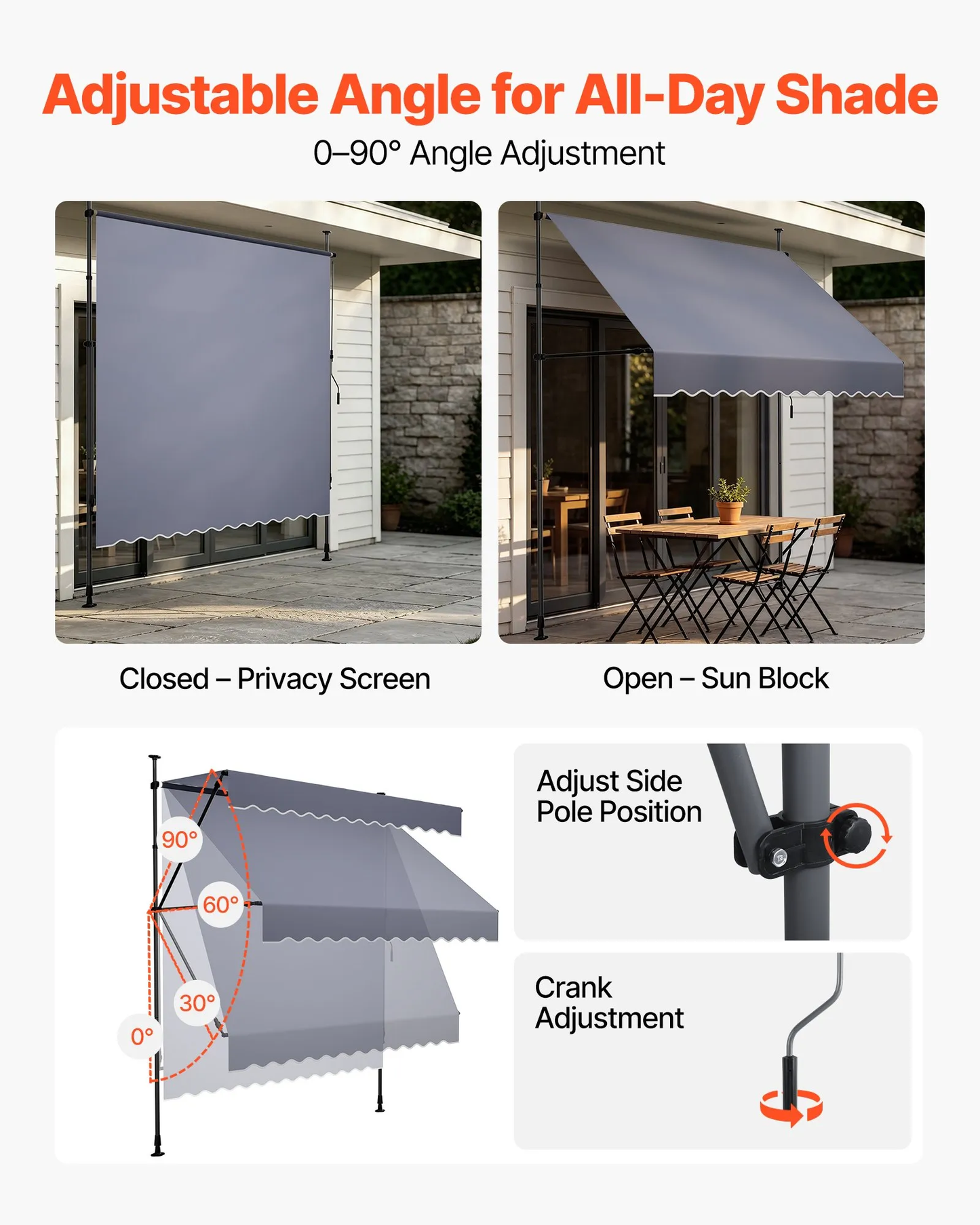 VEVOR Manual Retractable Awning, 118" Outdoor Retractable Patio Awning Sunshade Shelter,-$70
