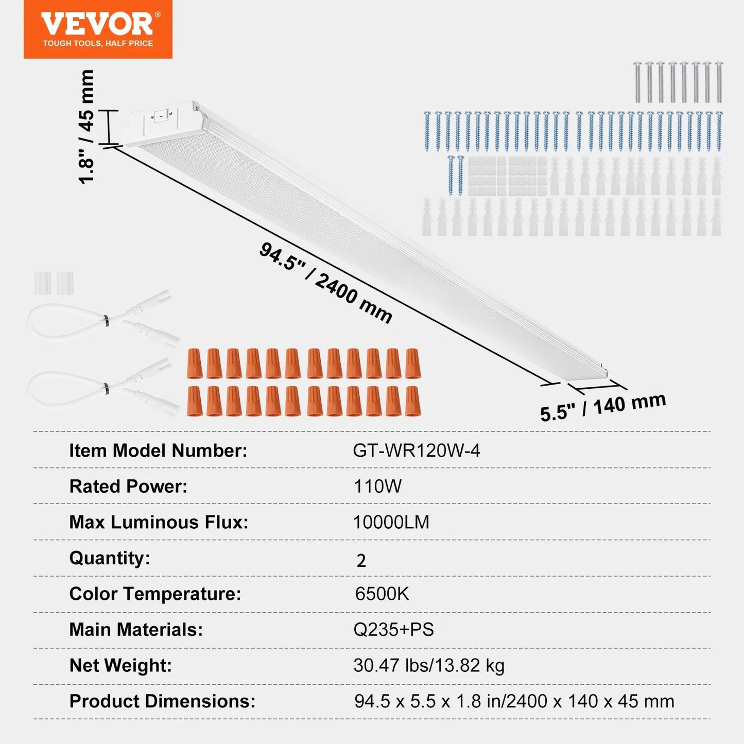 Open Box VEVOR 8FT LED Wraparound Light, 110W 10,000LM, Flush Mount LED Shop Light, 2 Pack 6500K Daylight LED