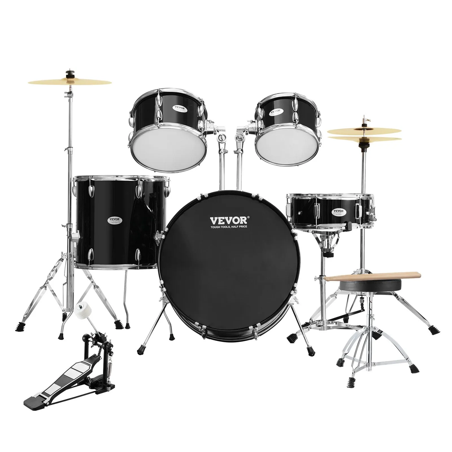 VEVOR Adult Drum Set, 5-Piece, 22 inches Complete Full Size Drum Kit with Bass Toms Snare Floor,-$260