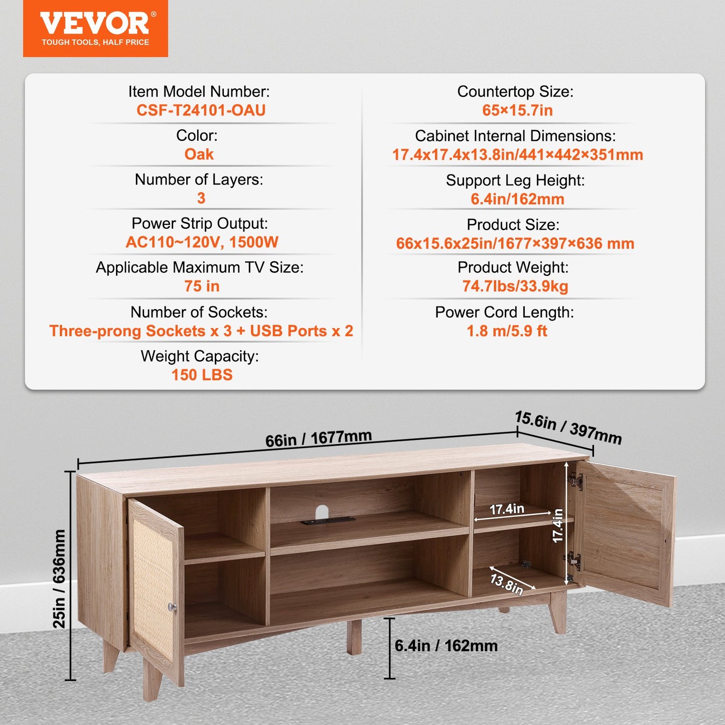 BNIB-VEVOR Rattan TV Stand for 75" TV Boho TV Stand with Build-in Socket Oak,-$220