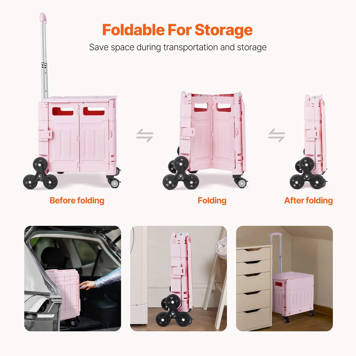 VEVOR Foldable Utility Cart, 65L Collapsible Portable Crate Rolling Cart with Stair Climbing & 360°Wheels,-$50