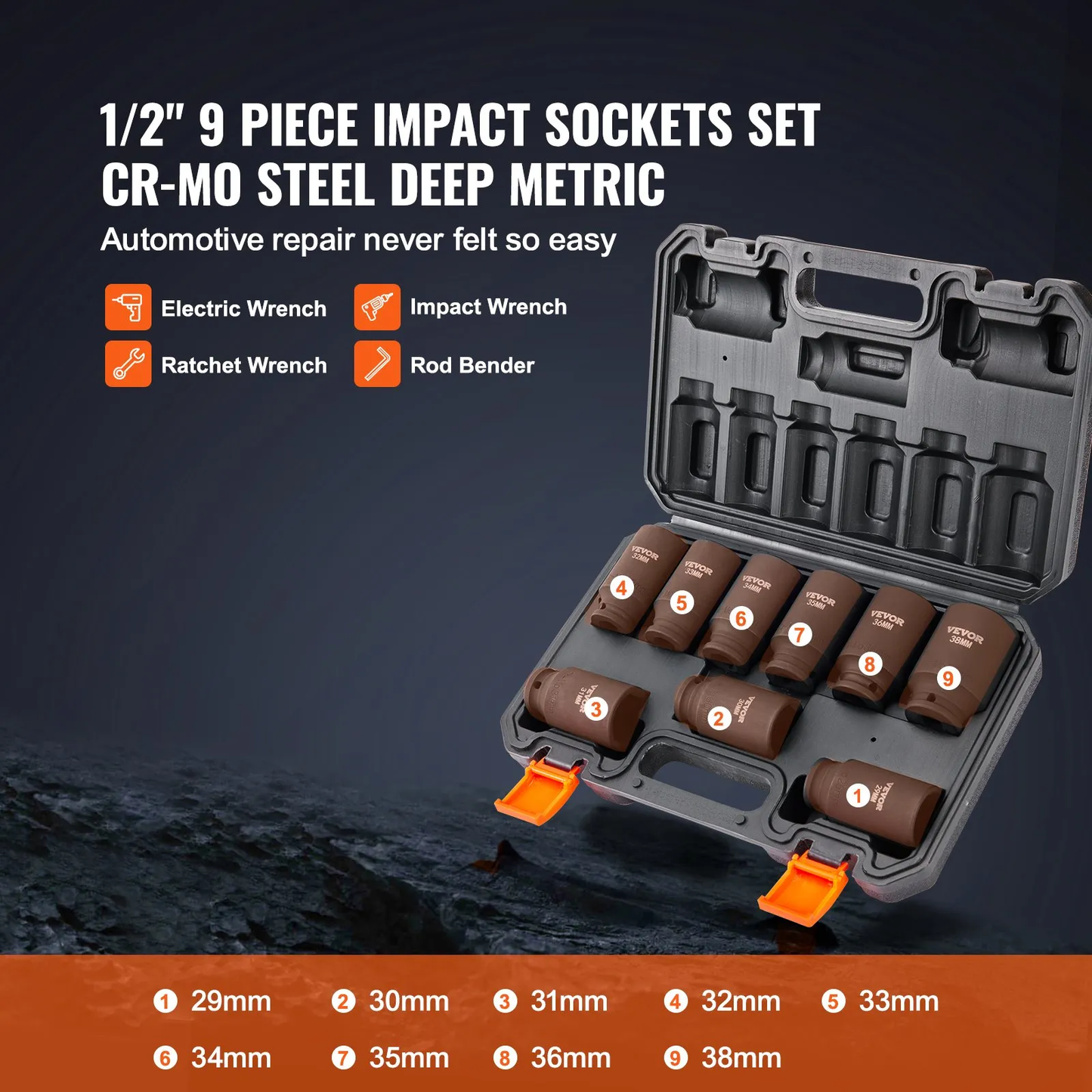 VEVOR 1/2" Drive Impact Socket Set, 9 Piece Deep Socket Set Metric 29-38mm, 6 Point Cr-Mo,-$35