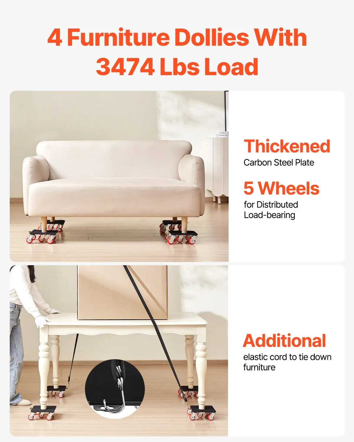 VEVOR Furniture Dolly, Maximum Load 3474 lbs, Heavy Duty Furniture Movers with 5 360°,-$45
