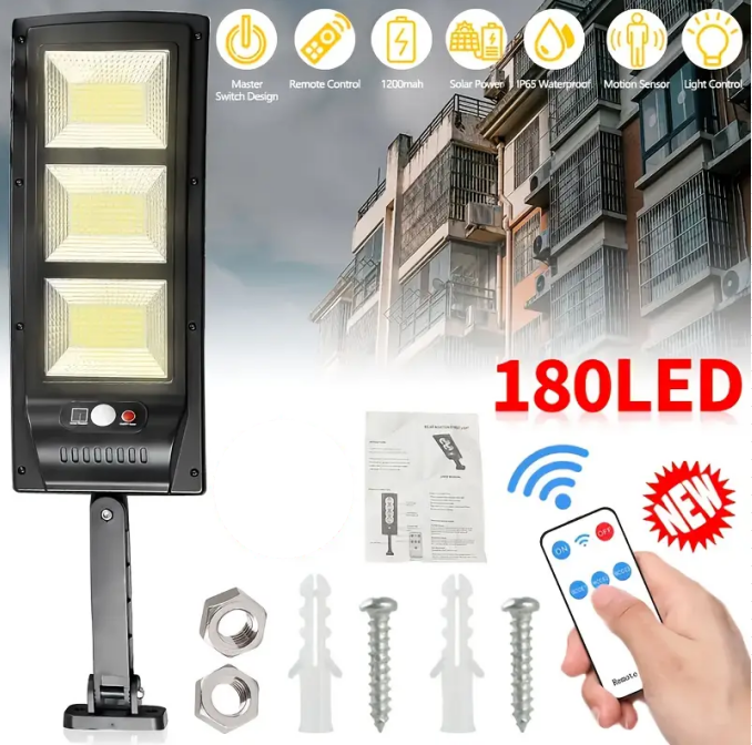 Brand New 180 LED Solar Wall Light – Dusk-to-Dawn Motion Sensor with Remote (5000mAh)