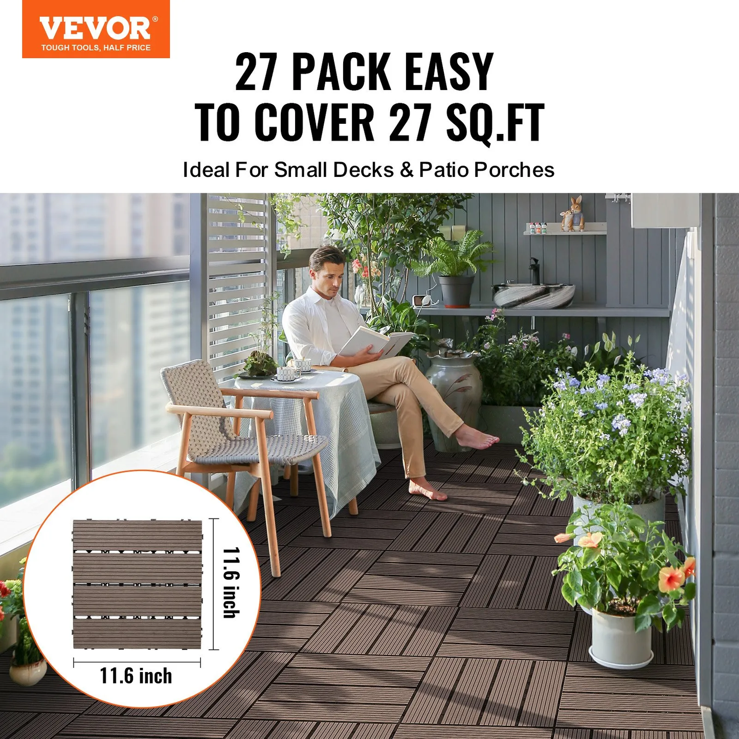 VEVOR Interlocking Deck Tiles Plastic Wood, 27 Pack,12"x12" 27 sq. ft All Weather Outdoor Flooring