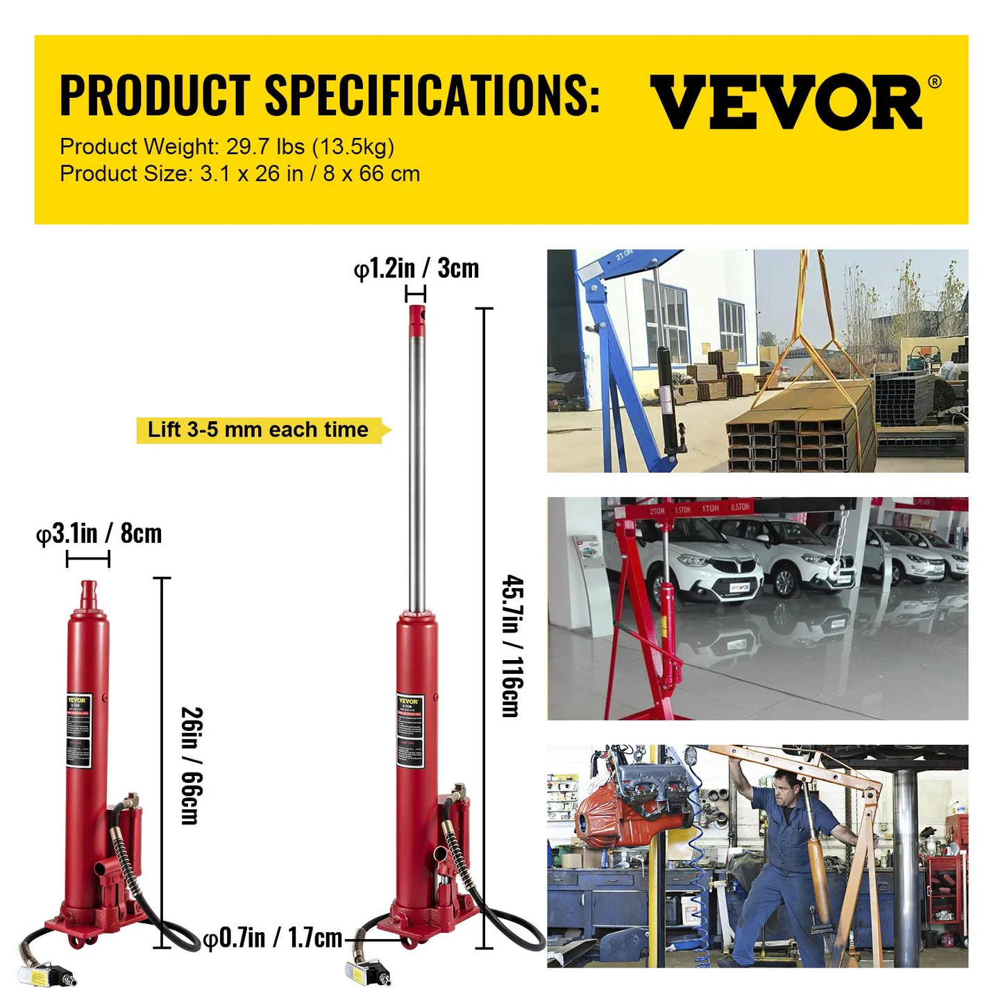 VEVOR Hydraulic/Pneumatic Long Ram Jack, 8 Tons/17363 lbs Capacity, with Single Piston Pump,Red,-$90