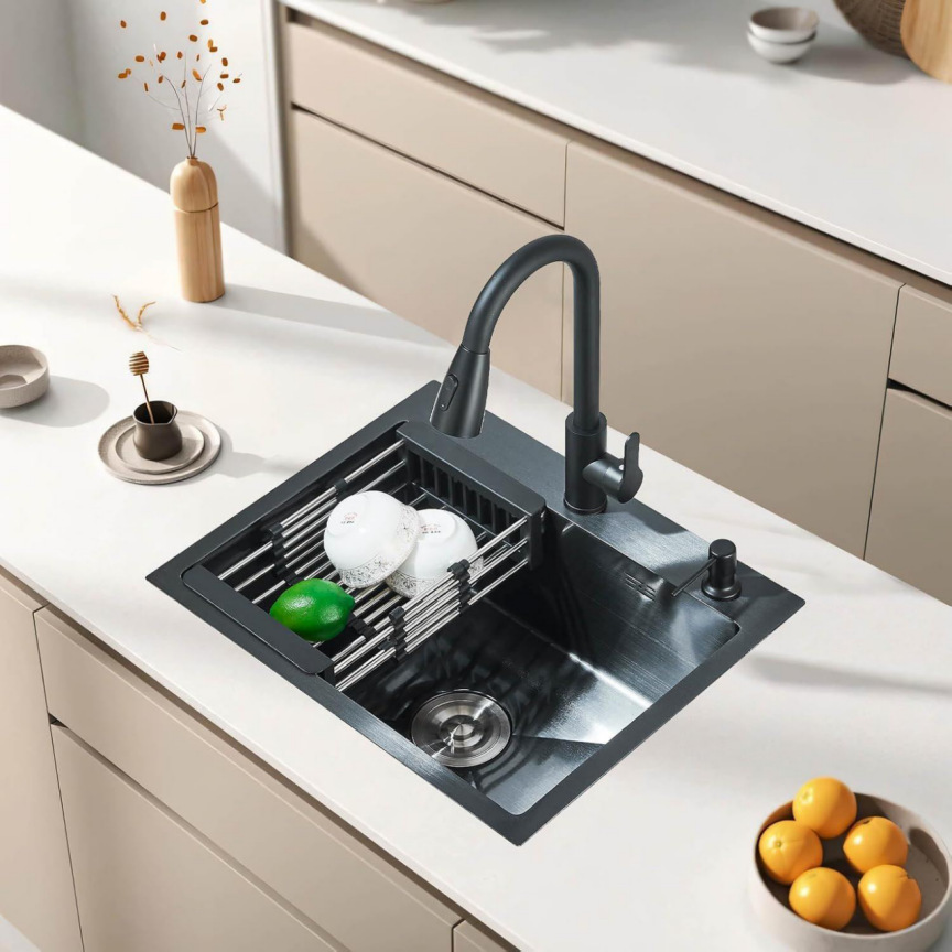 BNIB-Single Bowl Stainless Steel Kitchen  and Multiple Accessories,Black 21.65 x 17.7 x 8.27 in,-$120