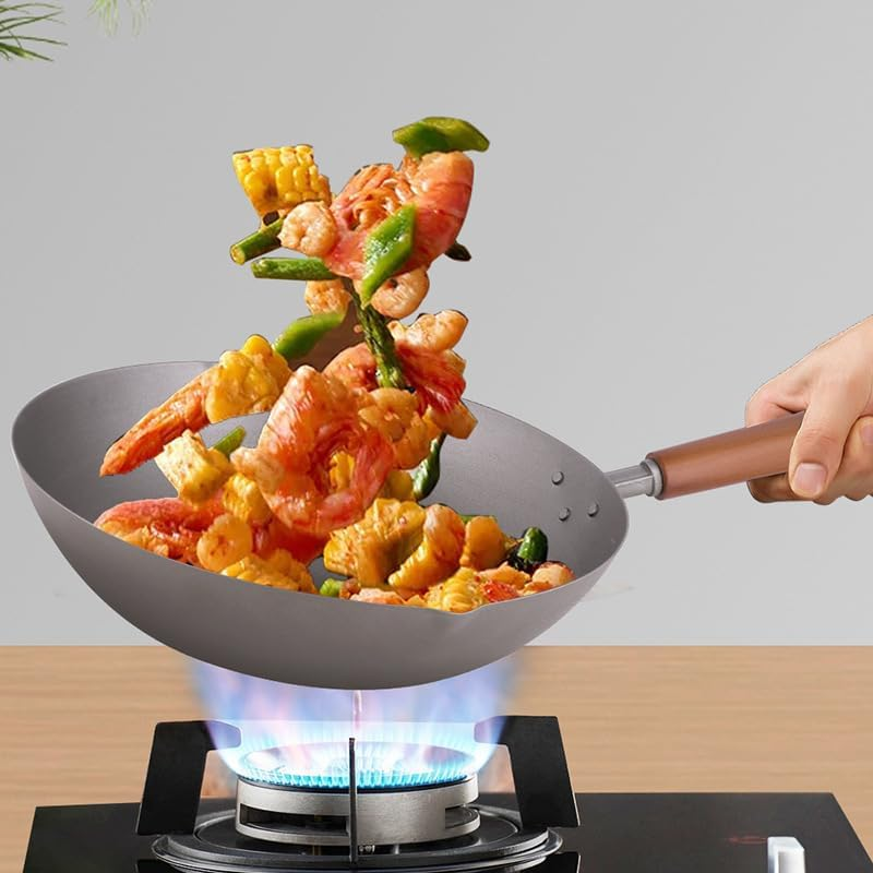 BNIB-Non-Stick Wok Pan with Wooden Lid, 12.6 inch(32cm),Ergonomic Handle, Deep Bowl Design Grey,