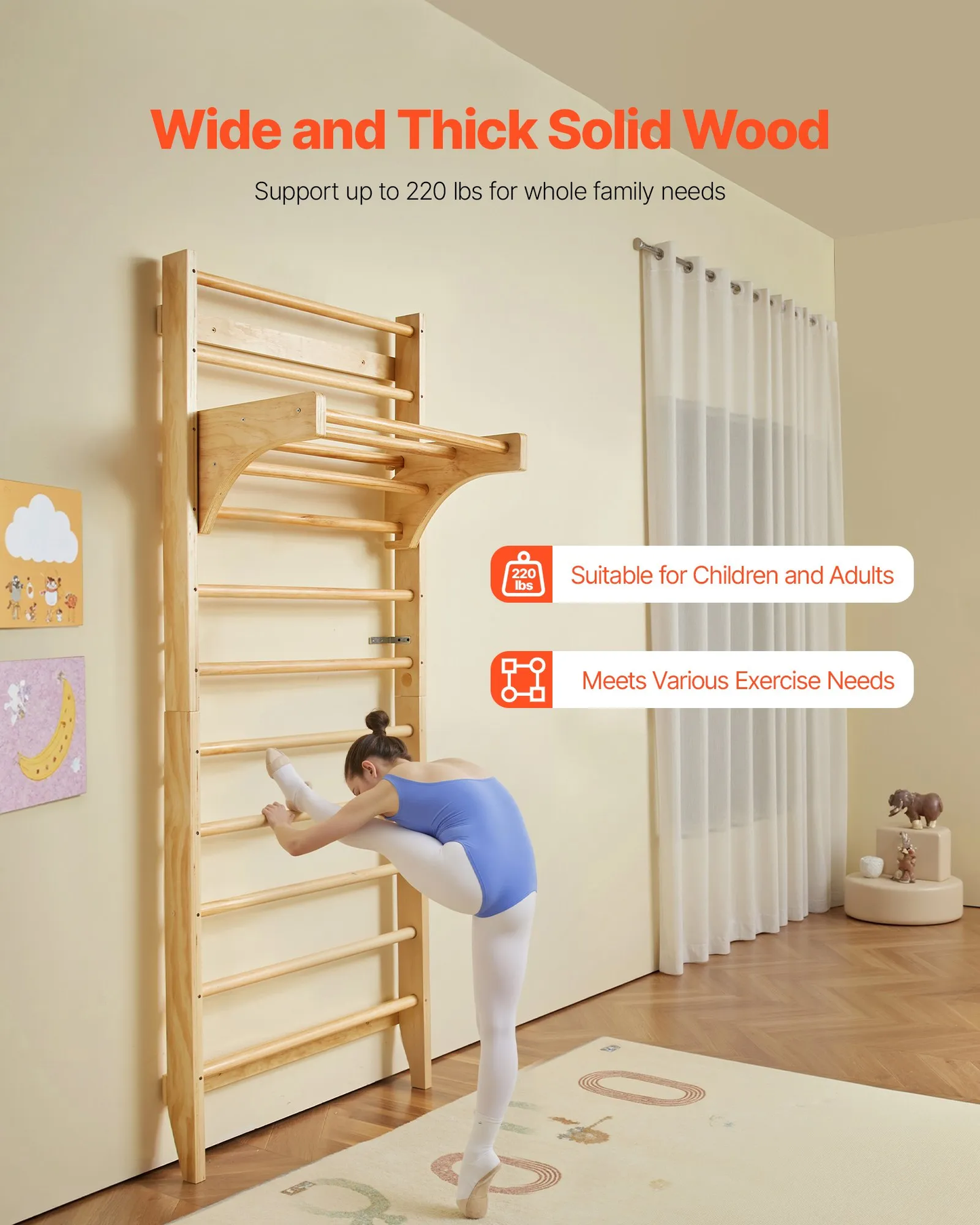 VEVOR Swedish Ladder Wall Gym, 10-Level Solid Wood Indoor Jungle Gym, 220lbs Loading Indoor,-$110