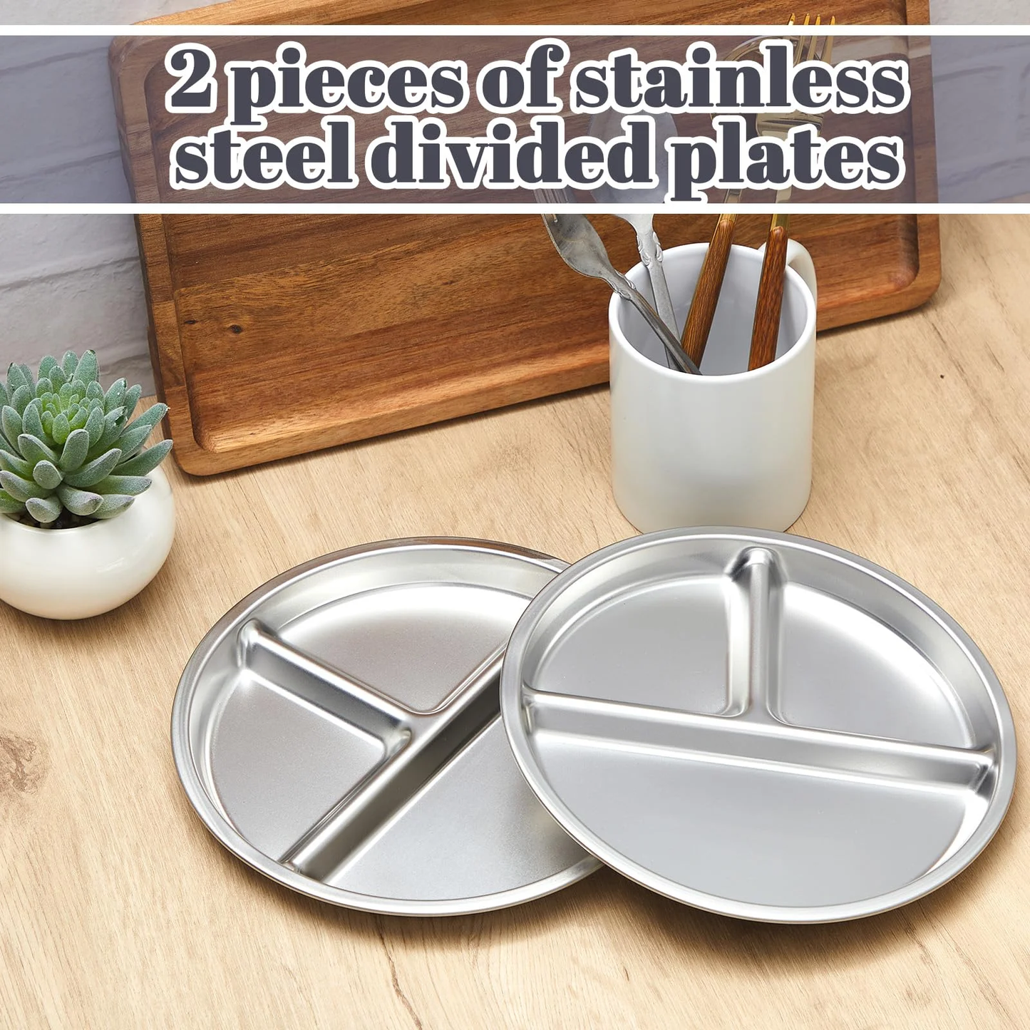 BNIB-2 Pcs Stainless Steel Portion Control Plate 3 Compartment Plate for Adults Kids Lunch Dinner,-$10