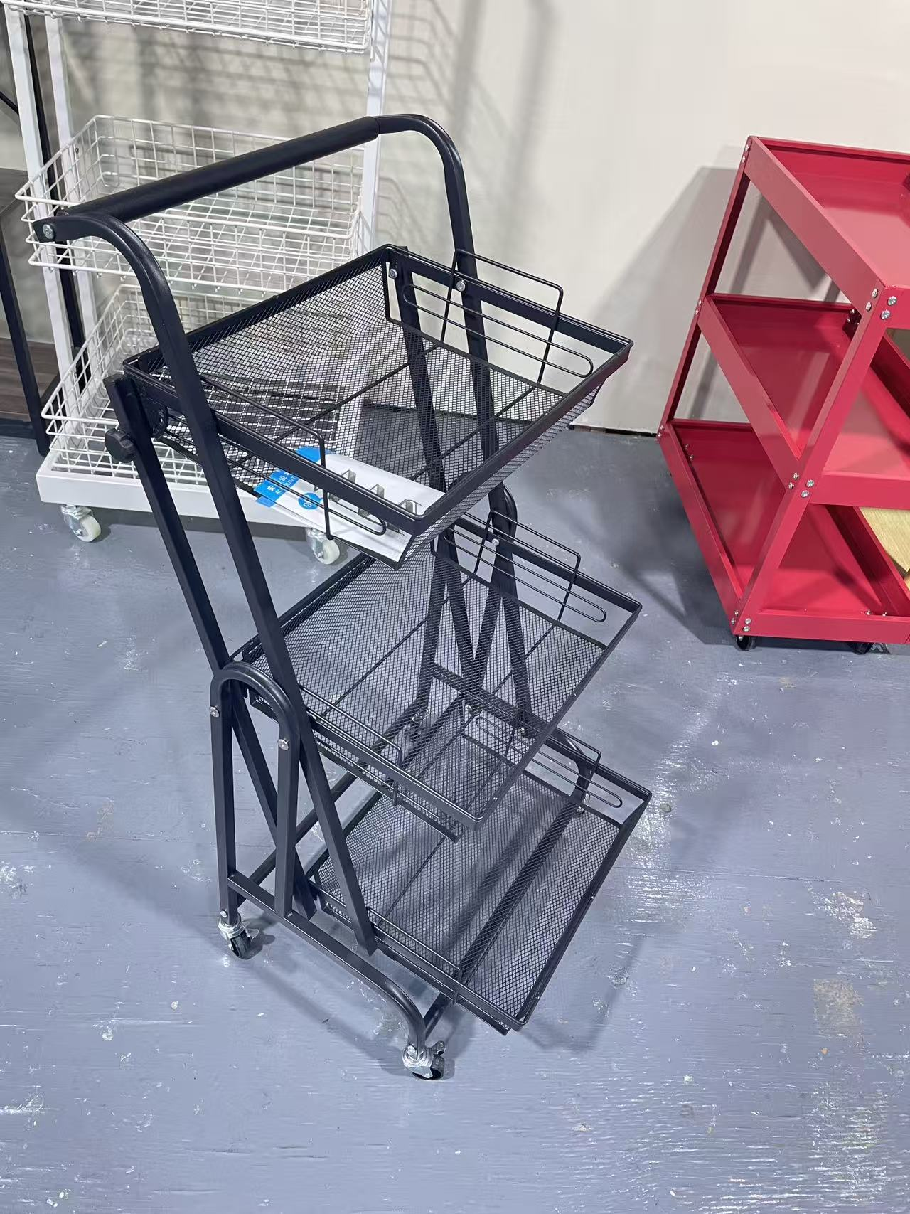 Brand New Assemble 3-Tier Foldable Metal Rolling Cart, Detachable Mesh Basket Utility Trolley,-$60