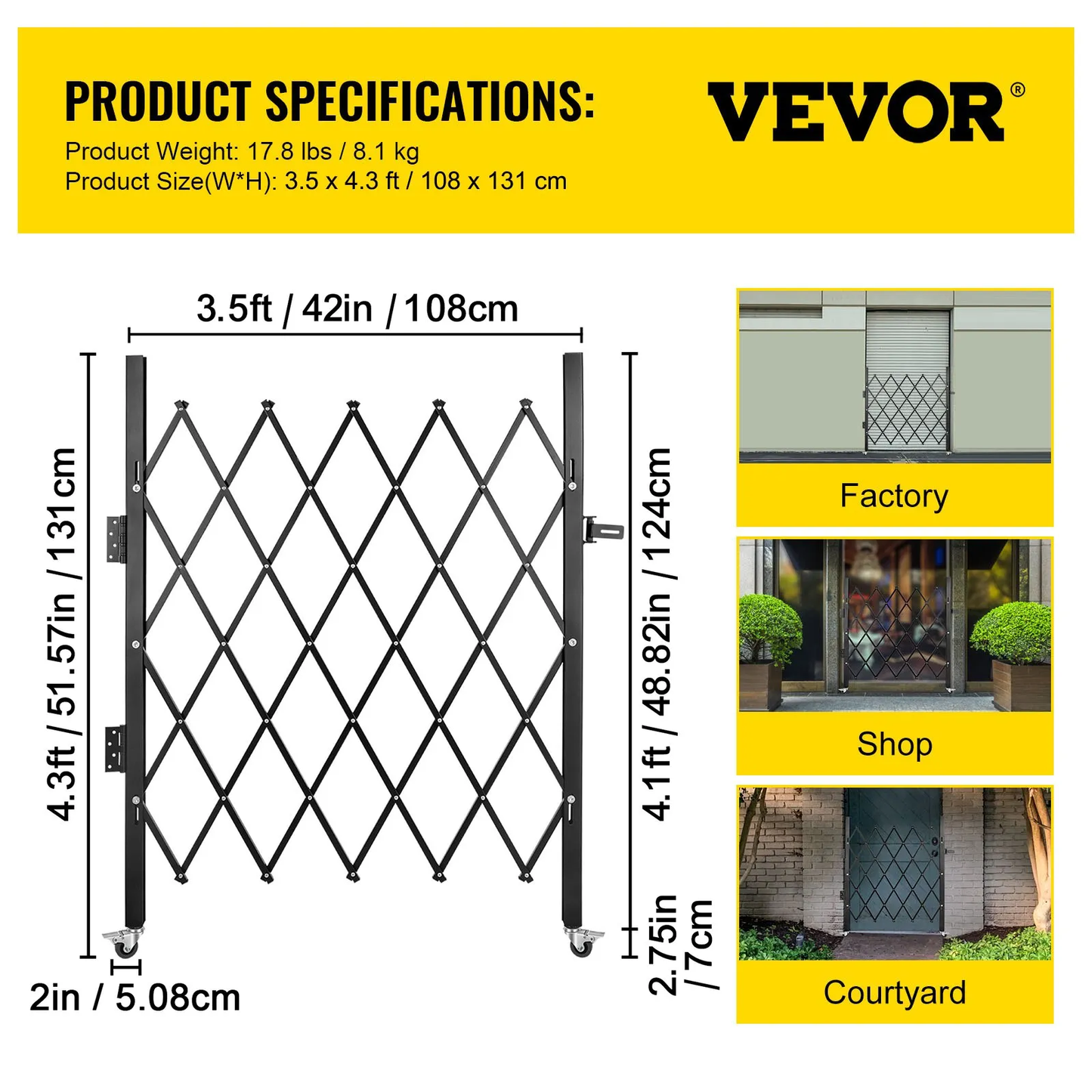 VEVOR Single Folding Security Gate, 48" W x 37" H Folding Door Gate, Steel Accordion Security Gate