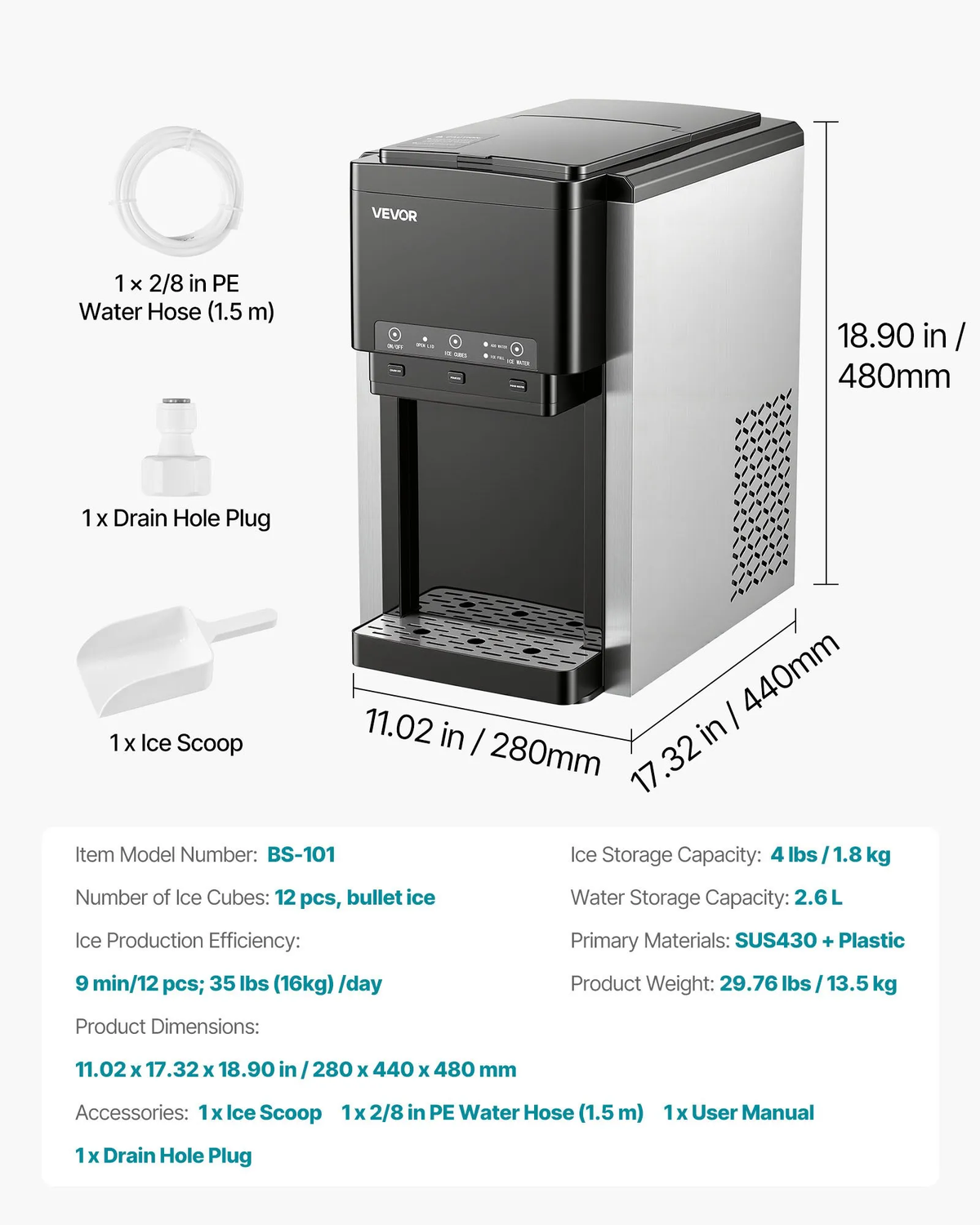 VEVOR Water Dispenser with Ice Maker,3-in-1 Countertop Water Dispenser,35 LBS/24H, 12 Cubes/7 Min Fast Ice Making with 4 LBS Storage,Bullet/Crushed