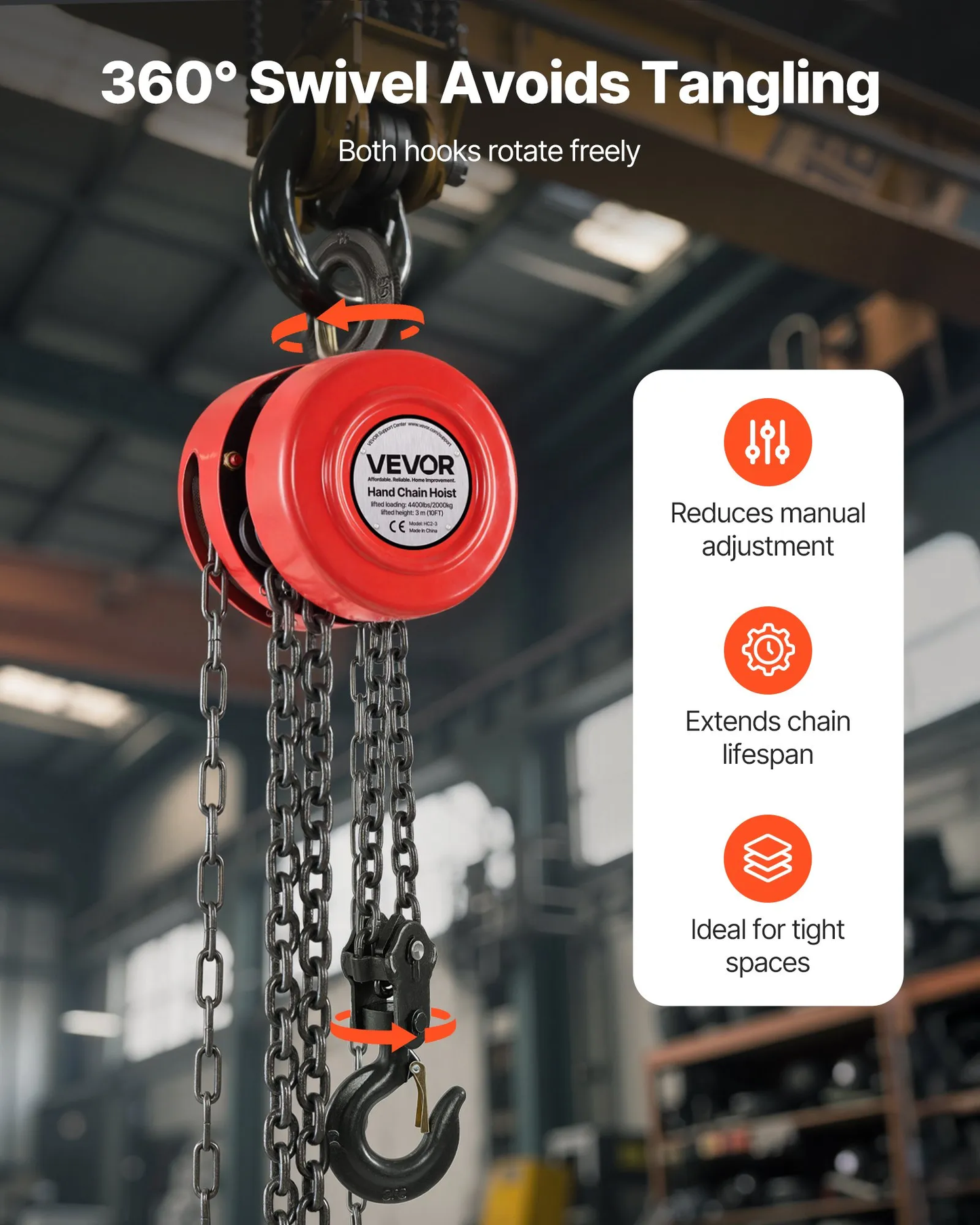 VEVOR Hand Chain Hoist, 2 Ton 4400 lbs Capacity, Manual Chain Block with Upgrade G70 Galvanized Chain,-$40