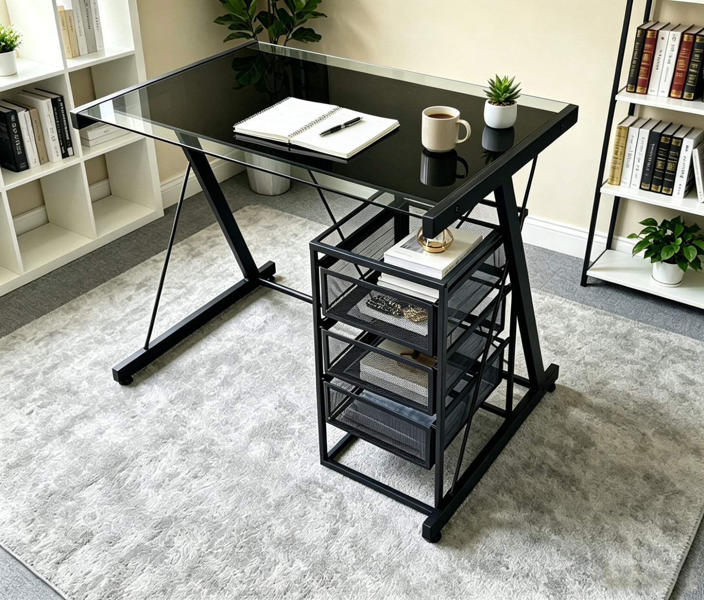 Brand New (Demo) Black Glass Top Desk with 3-Tier Mesh Drawer Unit,-$100