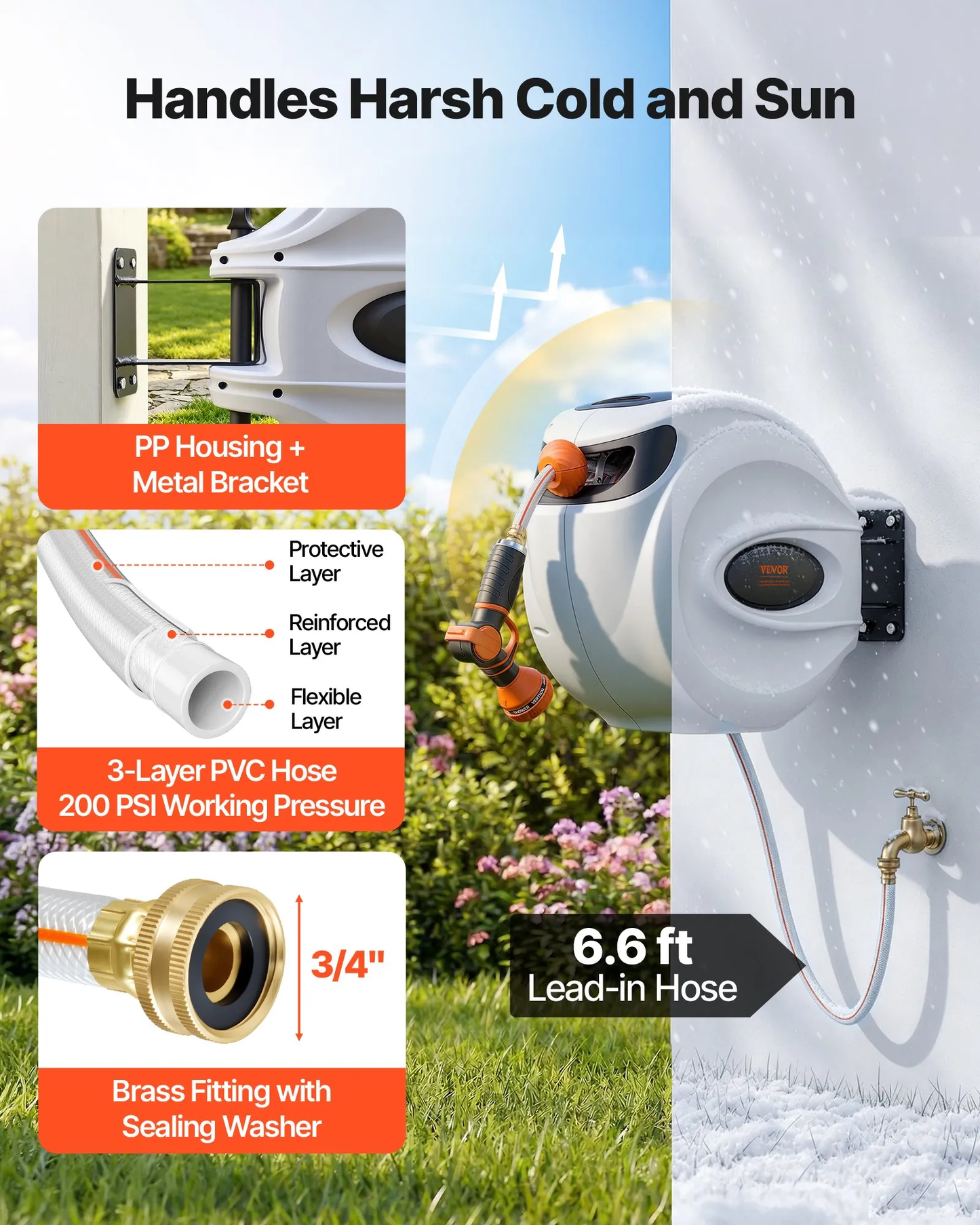 VEVOR Retractable Hose Reel, 100 ft x 1/2 inch, 180° Swivel Bracket Wall-Mounted,-$85