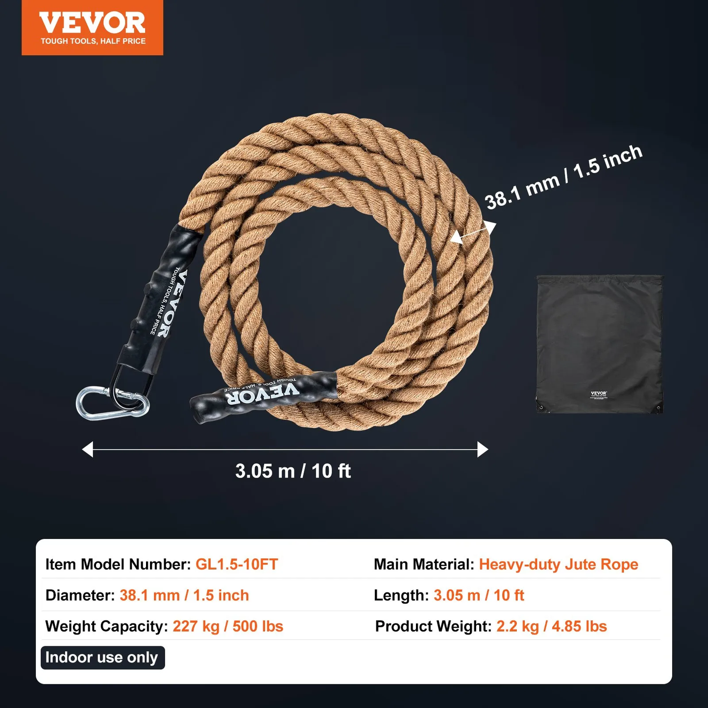 VEVOR Gym Climbing Rope, 1.5" Diameter 10 ft Length Gym Fitness Training Rope, Gym Exercise,-$25