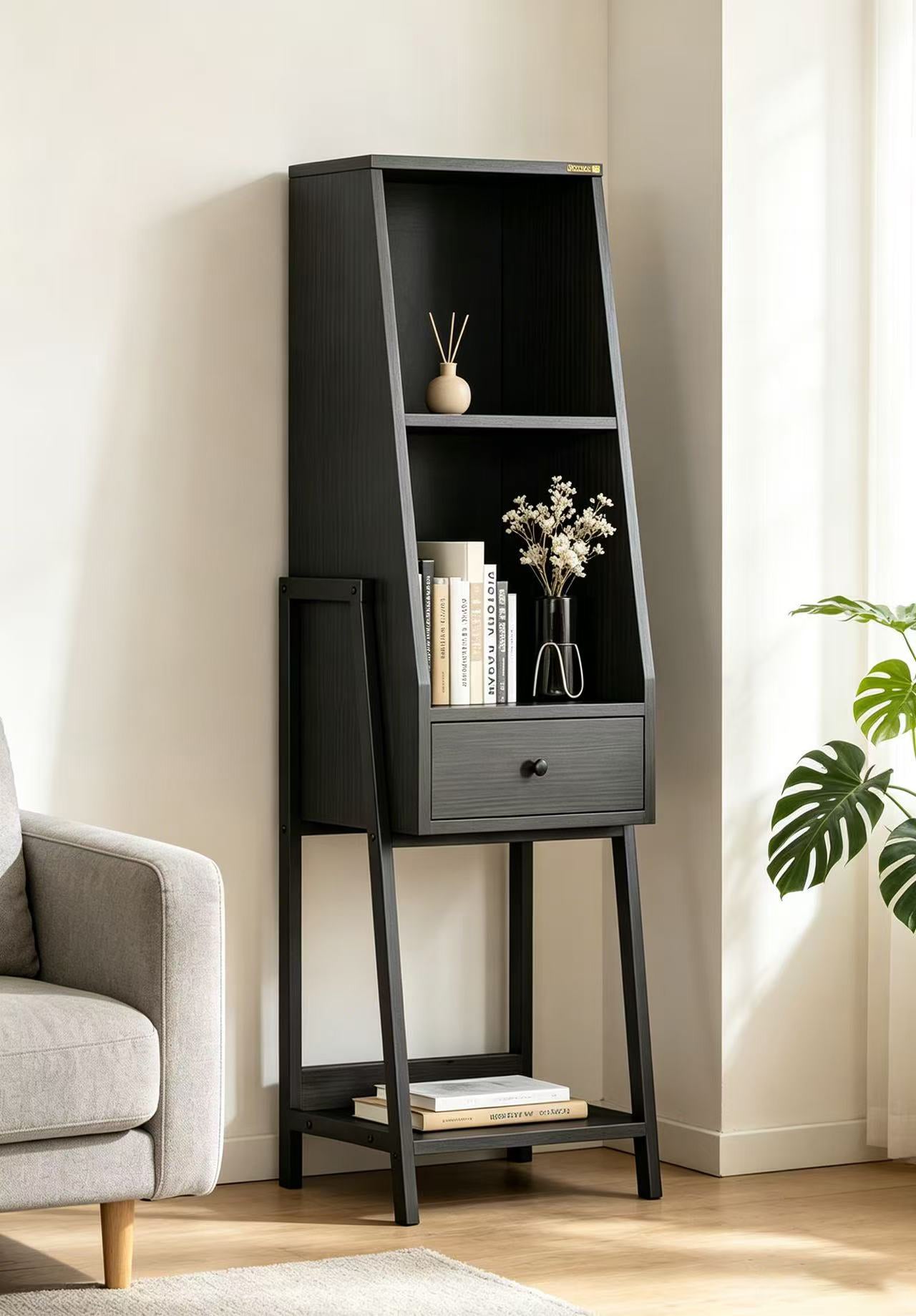 BNIB- Modern Slim 3-Tier Ladder Shelf w/1 Drawer, Freestanding Storage Shelves (Black),-$60