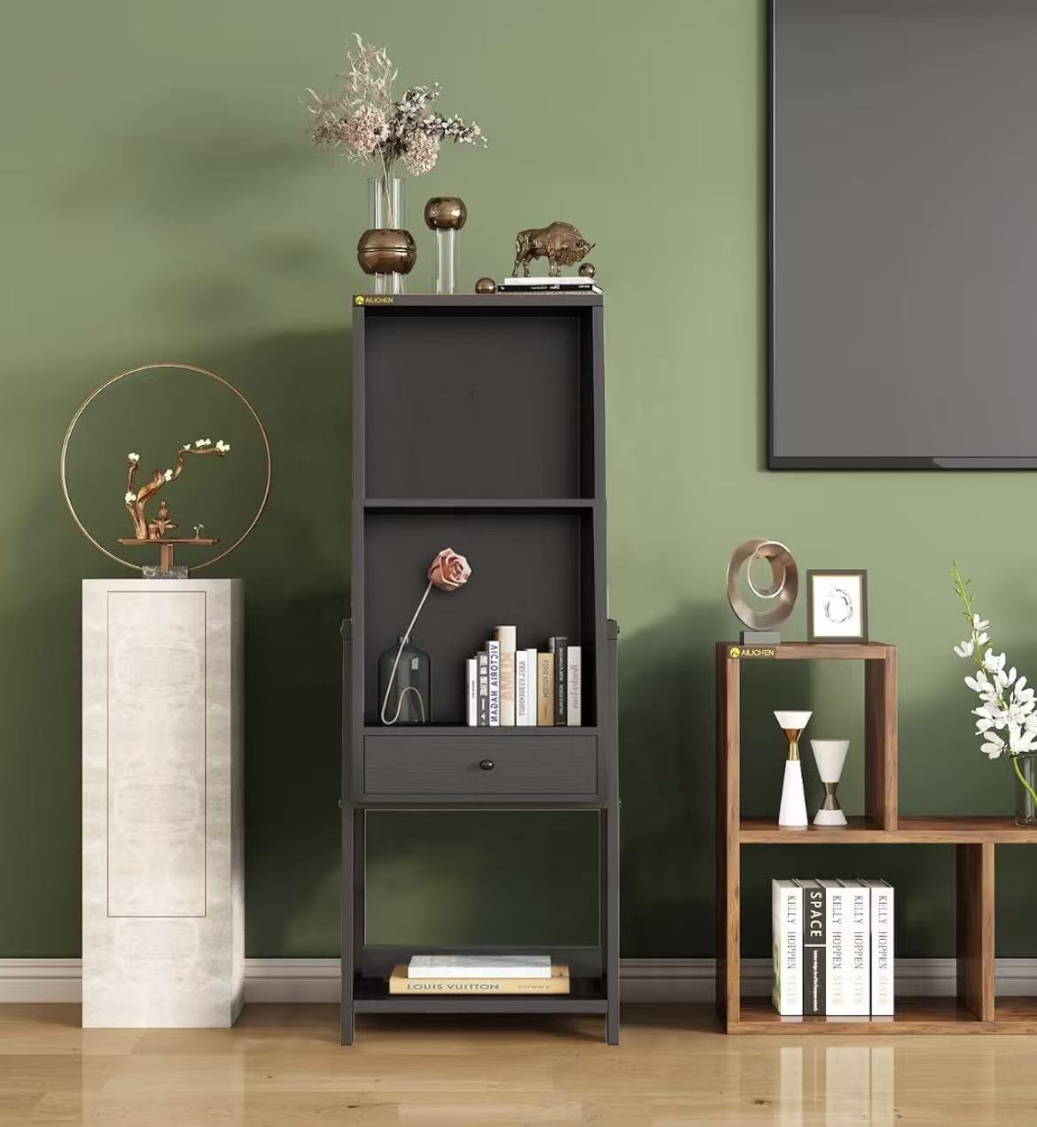 BNIB- Modern Slim 3-Tier Ladder Shelf w/1 Drawer, Freestanding Storage Shelves (Black),-$60