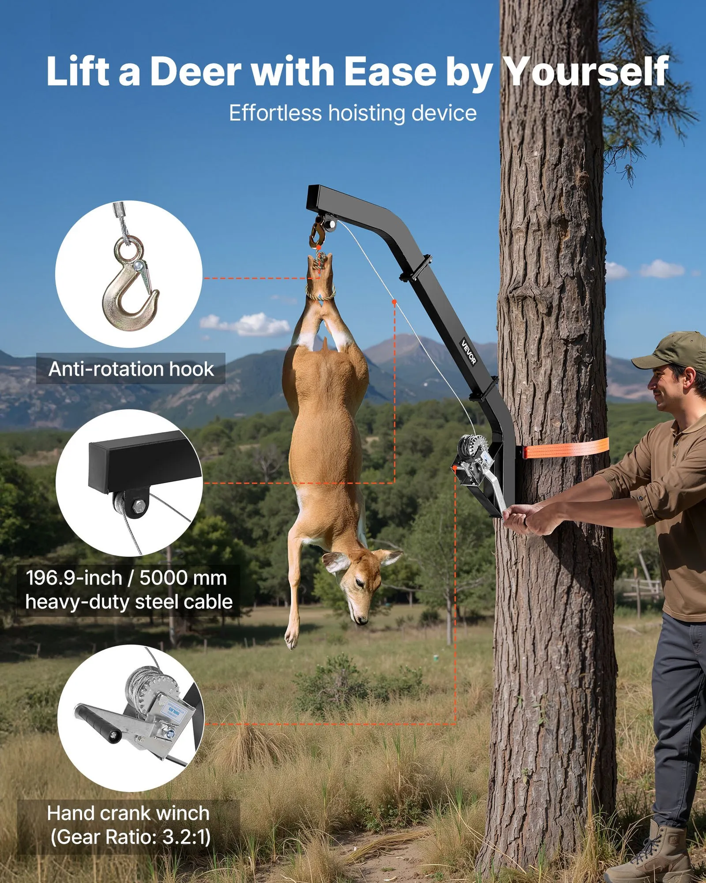 VEVOR Tree Mounted Lifting Hoist, 353 lbs Load Capacity, Outdoor Game Hoist Winch Lift with Ratchet Strap,-$55