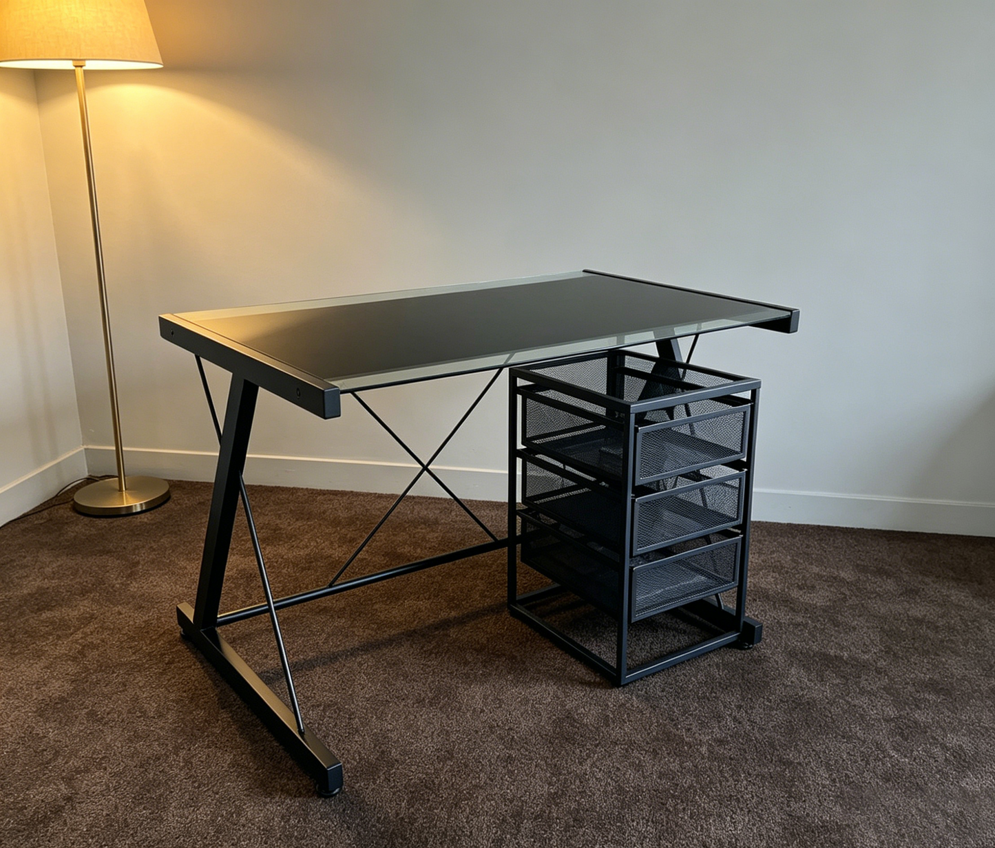 Brand New (Demo) Black Glass Top Desk with 3-Tier Mesh Drawer Unit,-$100