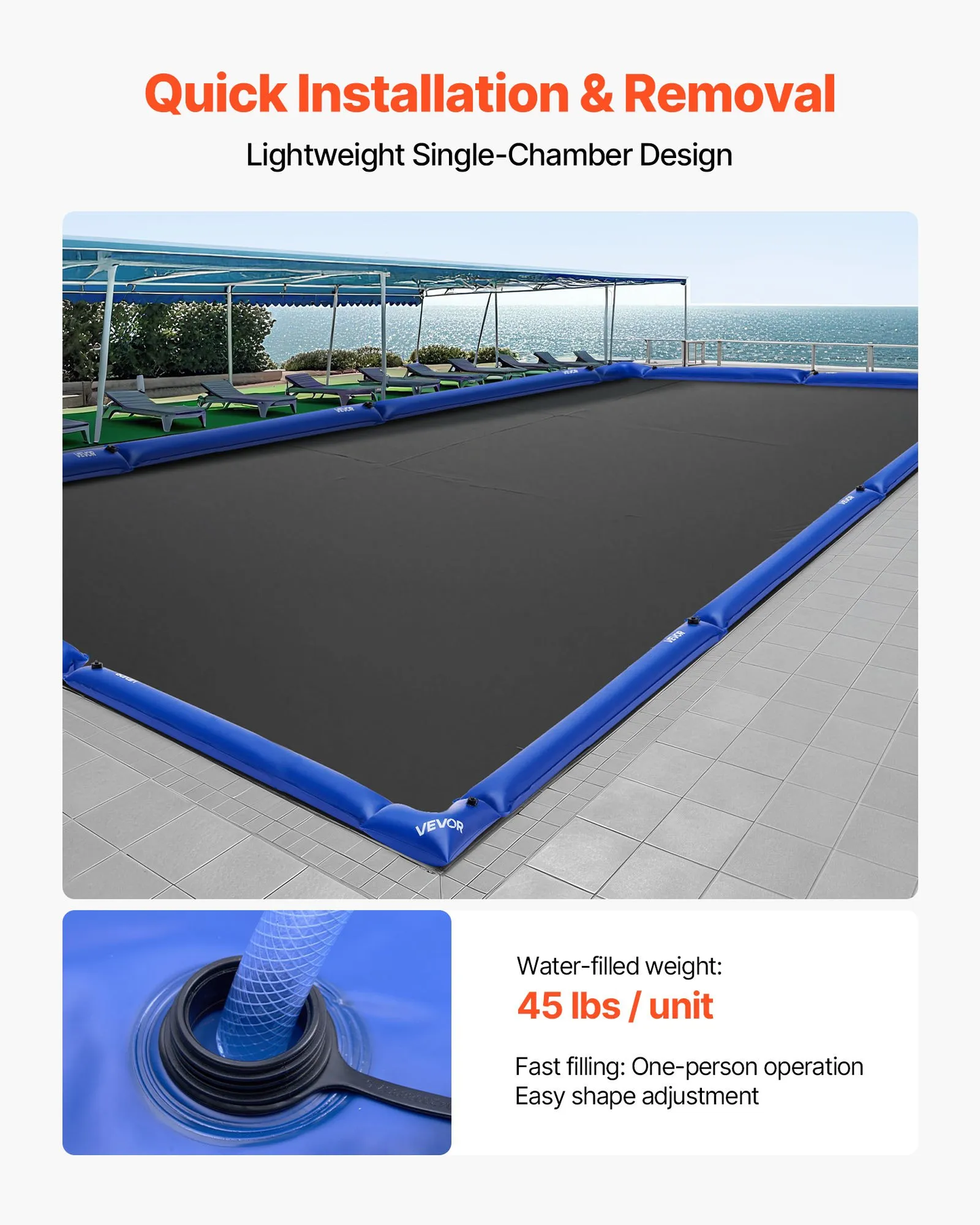 VEVOR Pool Cover Water Bags Set, 6 Packs 8 Ft Single Chamber Pool Cover Water Bags & 4 Corner Tubes,-$35