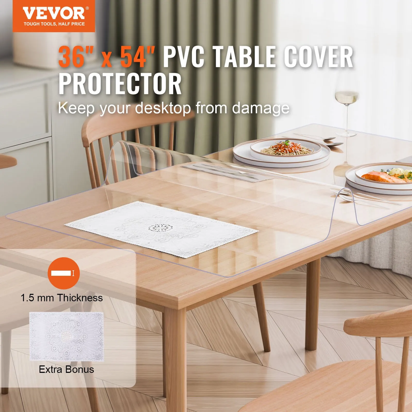 VEVOR Plastic Table Cover, 36 x 54 Inch 1.5 mm Thick Clear Table Protector, Rectangle PVC Desk Mat,-$18