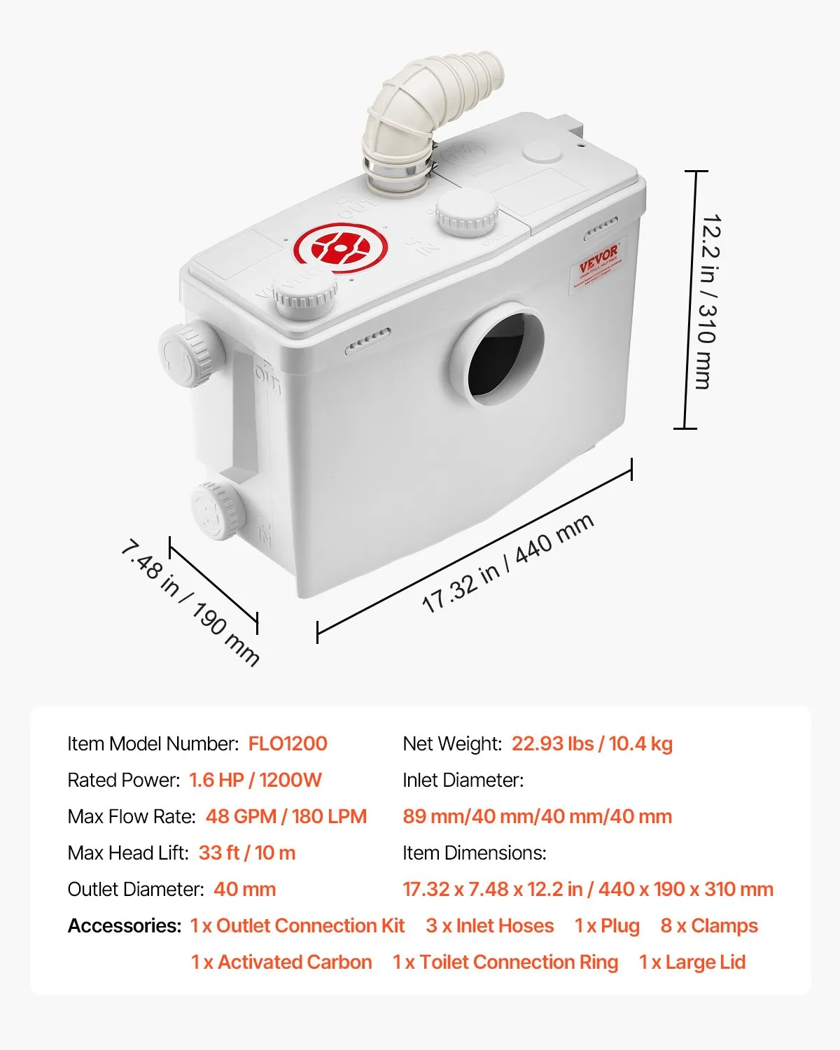 VEVOR Macerator Pump, 1200W, 48 GPM Flow, 33 ft/10 m Head, Macerator Sewerage Toilet,-$140